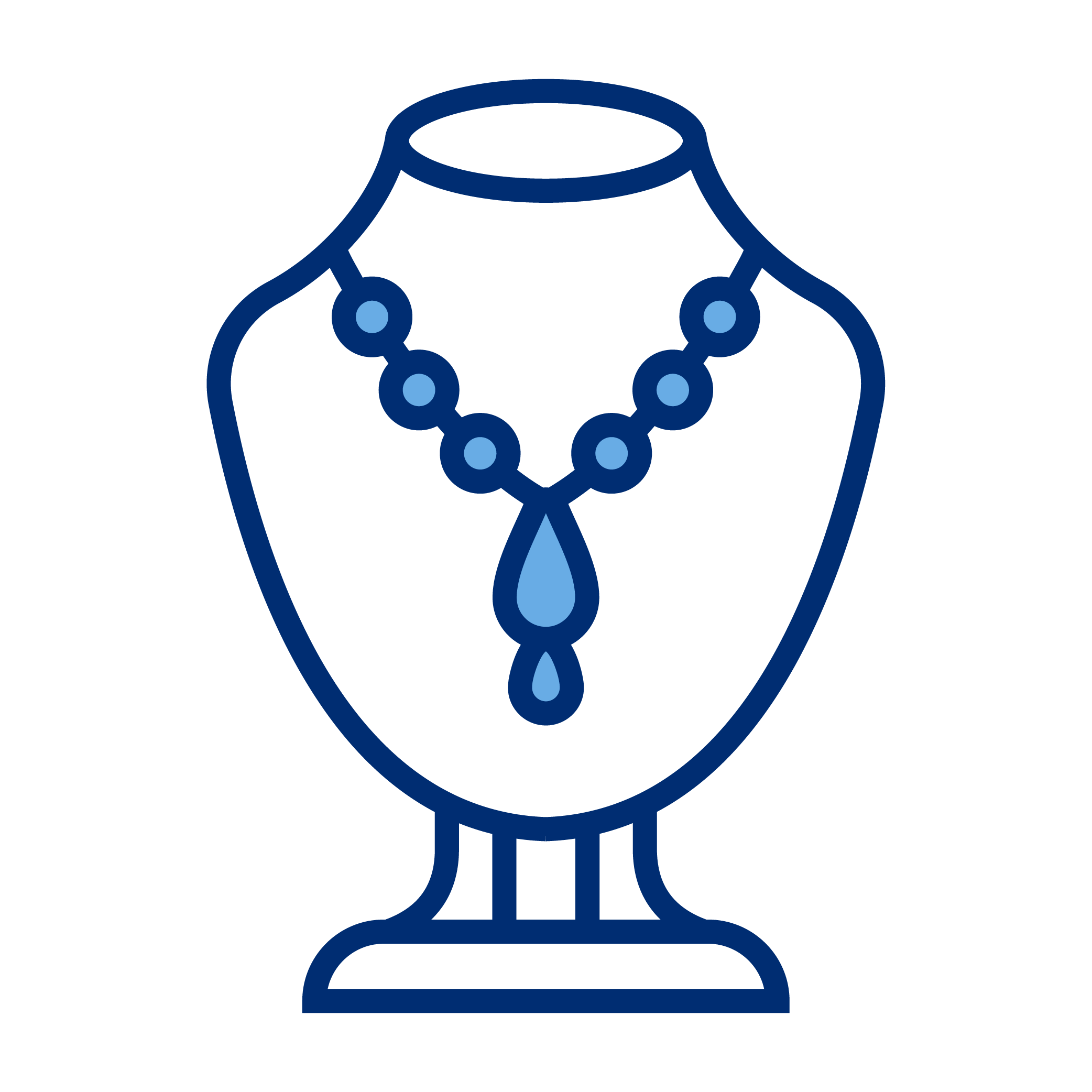 Line drawing of a jewelry display stand with a pearl necklace and a teardrop pendant.