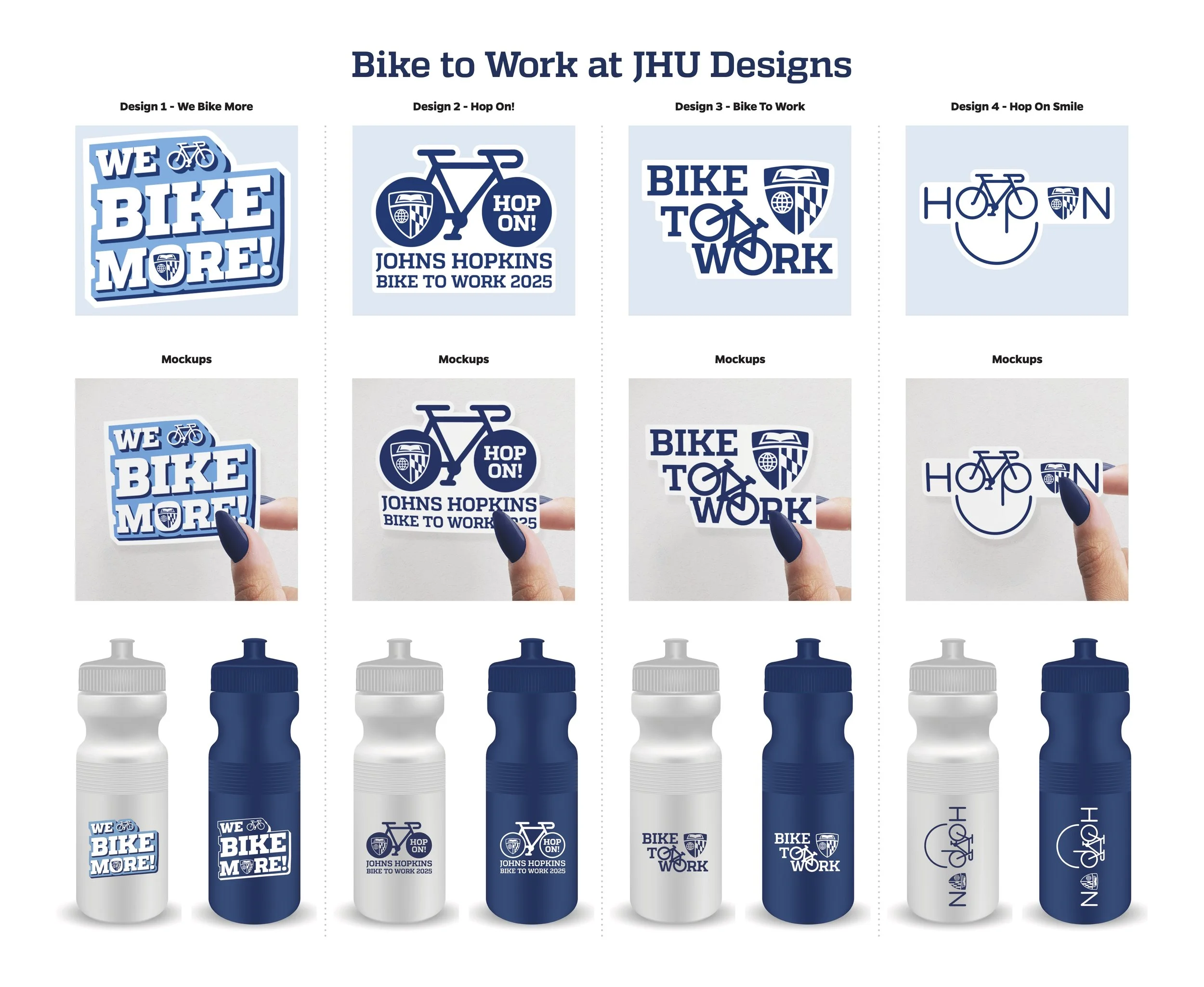 Comparison of four bicycle-themed designs and mockups with water bottles, promoting biking to work at JHU Designs, using blue and white color schemes.