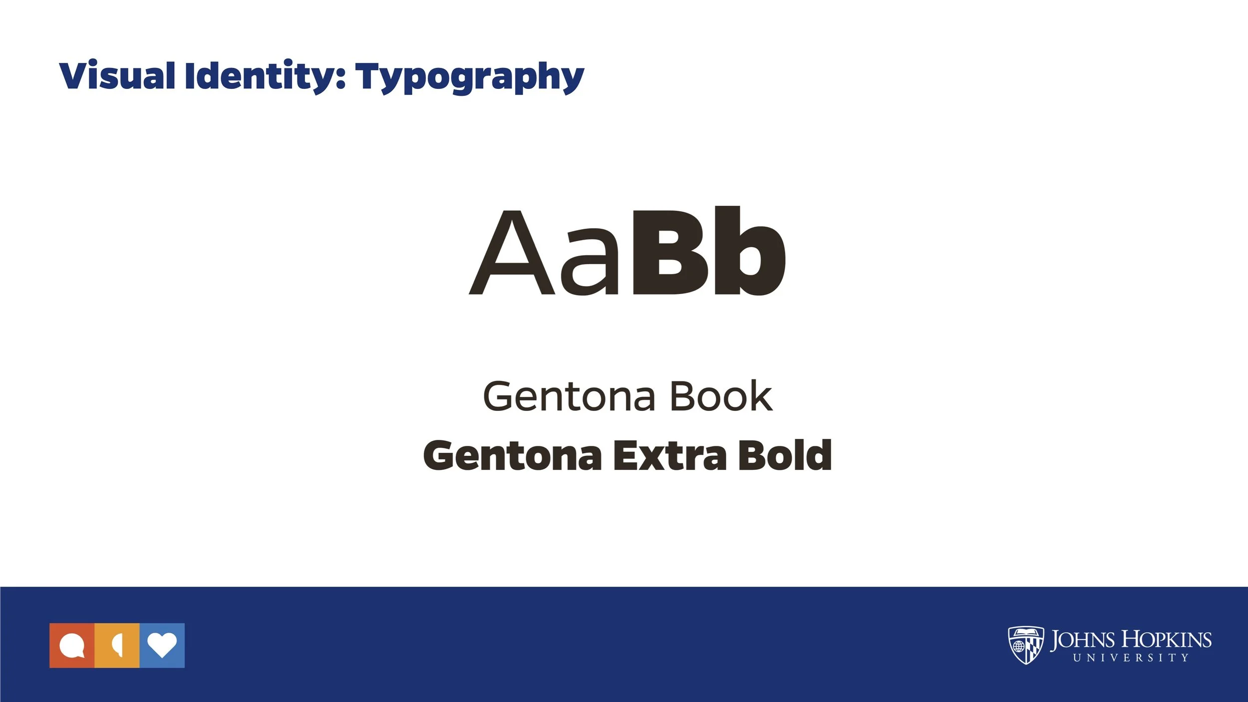 Slide titled 'Visual Identity: Typography' with font examples: AaBb, Gentona Book, Gentona Extra Bold. Johns Hopkins University logo at bottom right.