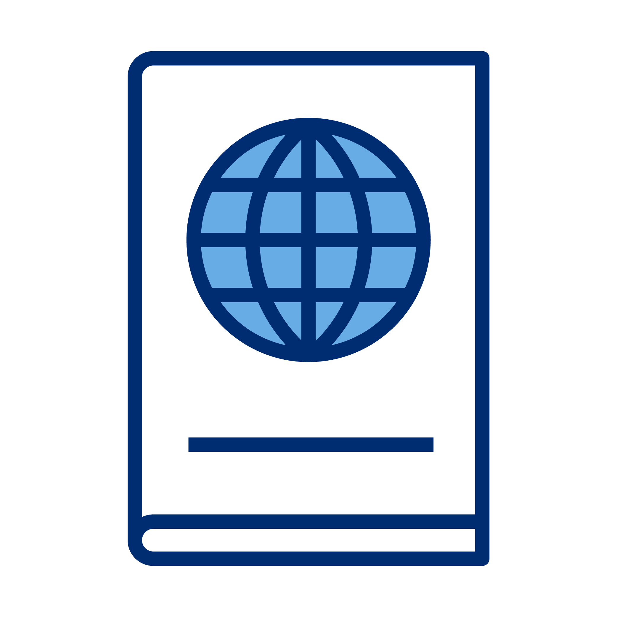 Icon of a blue globe on a black passport cover.