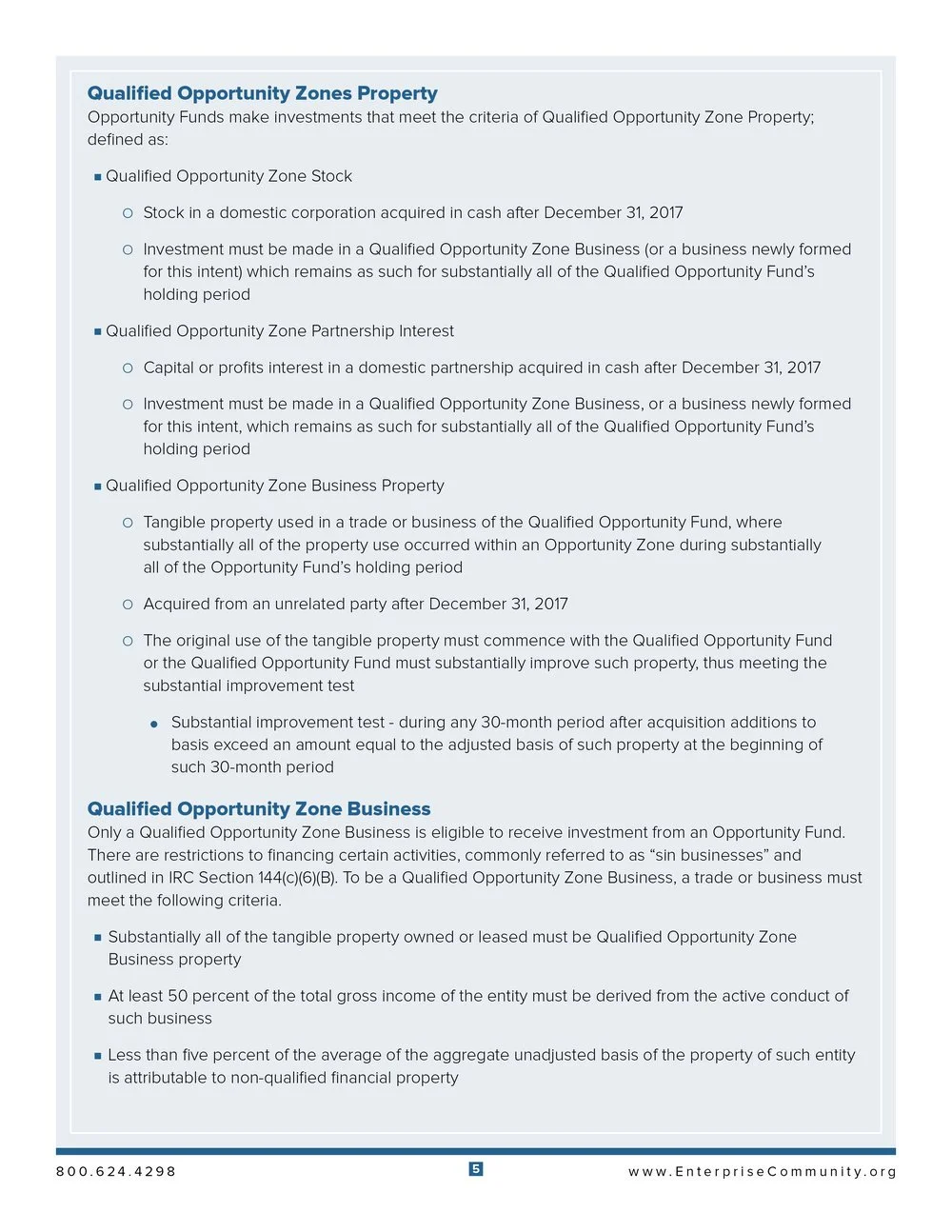 A page from a financial document explaining Qualified Opportunity Zone property, partnership interest, business property, and criteria for Qualified Opportunity Zone Business.