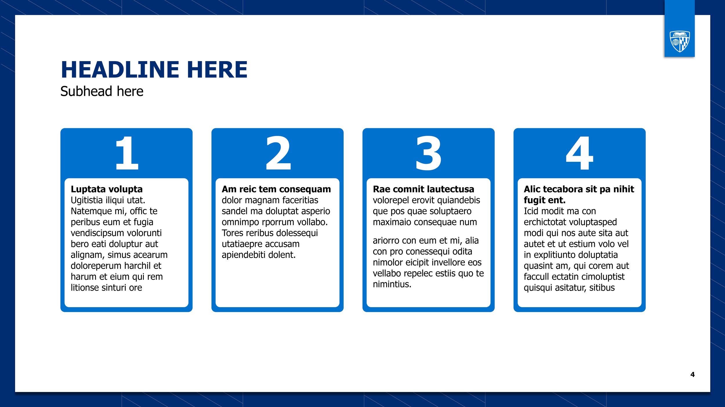 A presentation slide with a blue and white color scheme. The slide has a placeholder for a headline and subheadline at the top. Below, there are four numbered sections in blue boxes with white backgrounds, each containing placeholder Latin text. The 