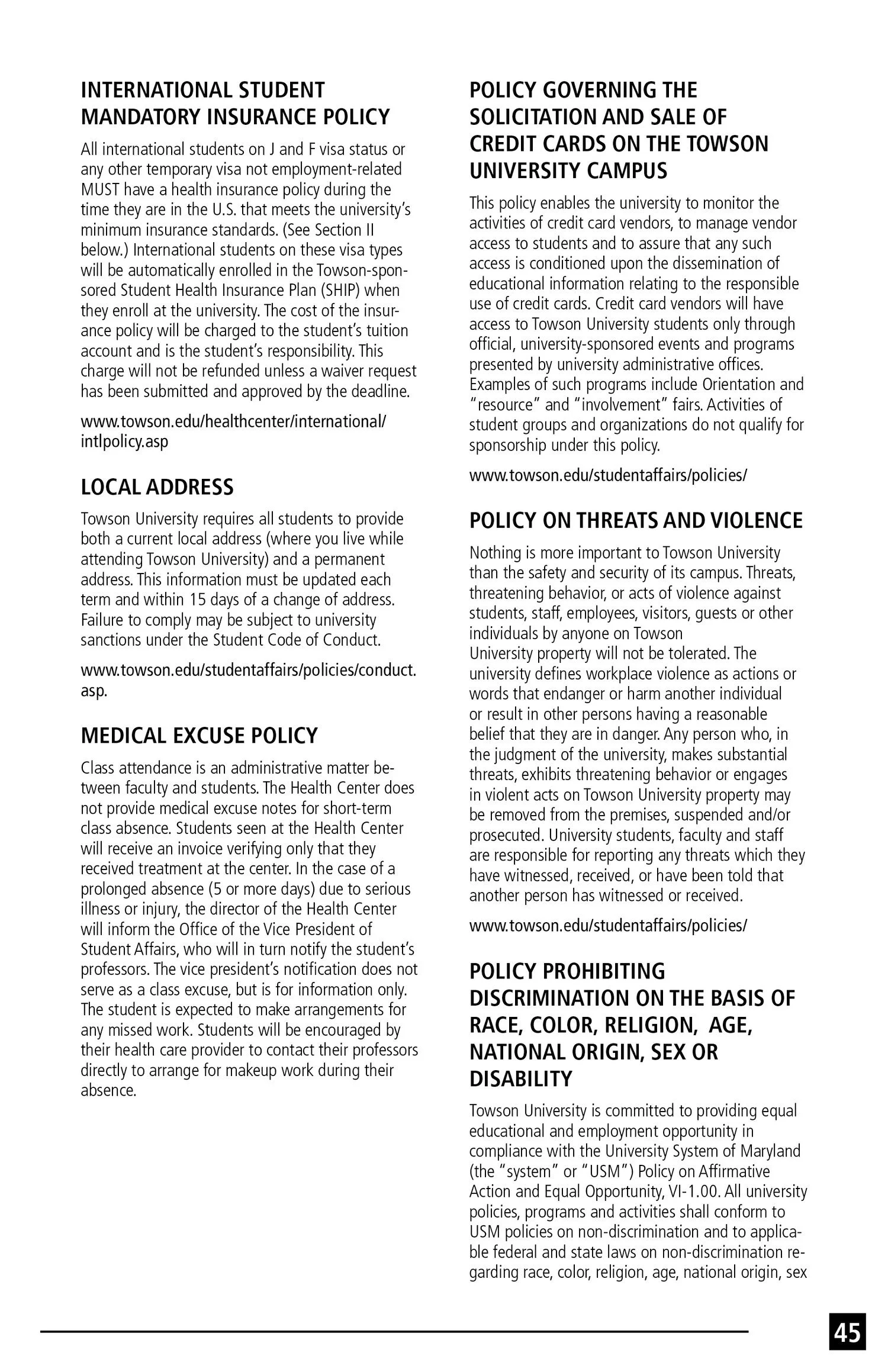 Page from a document with policies for international students, campus credit card monitoring, threats and violence, and non-discrimination at Towson University.