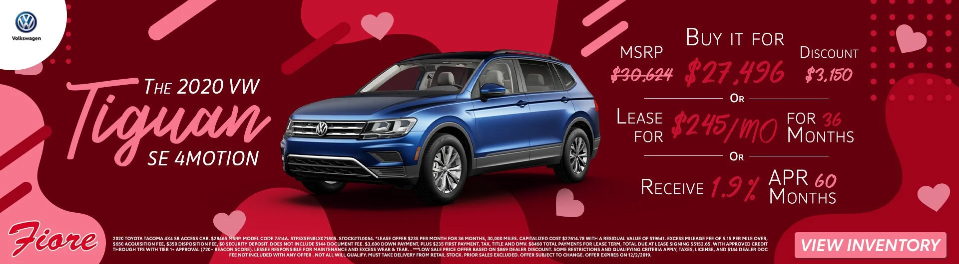 Red background advertisement for the 2020 VW Tiguan SE 4 Motion, featuring a blue vehicle in the center and various prices, discounts, and leasing offers on the right side.