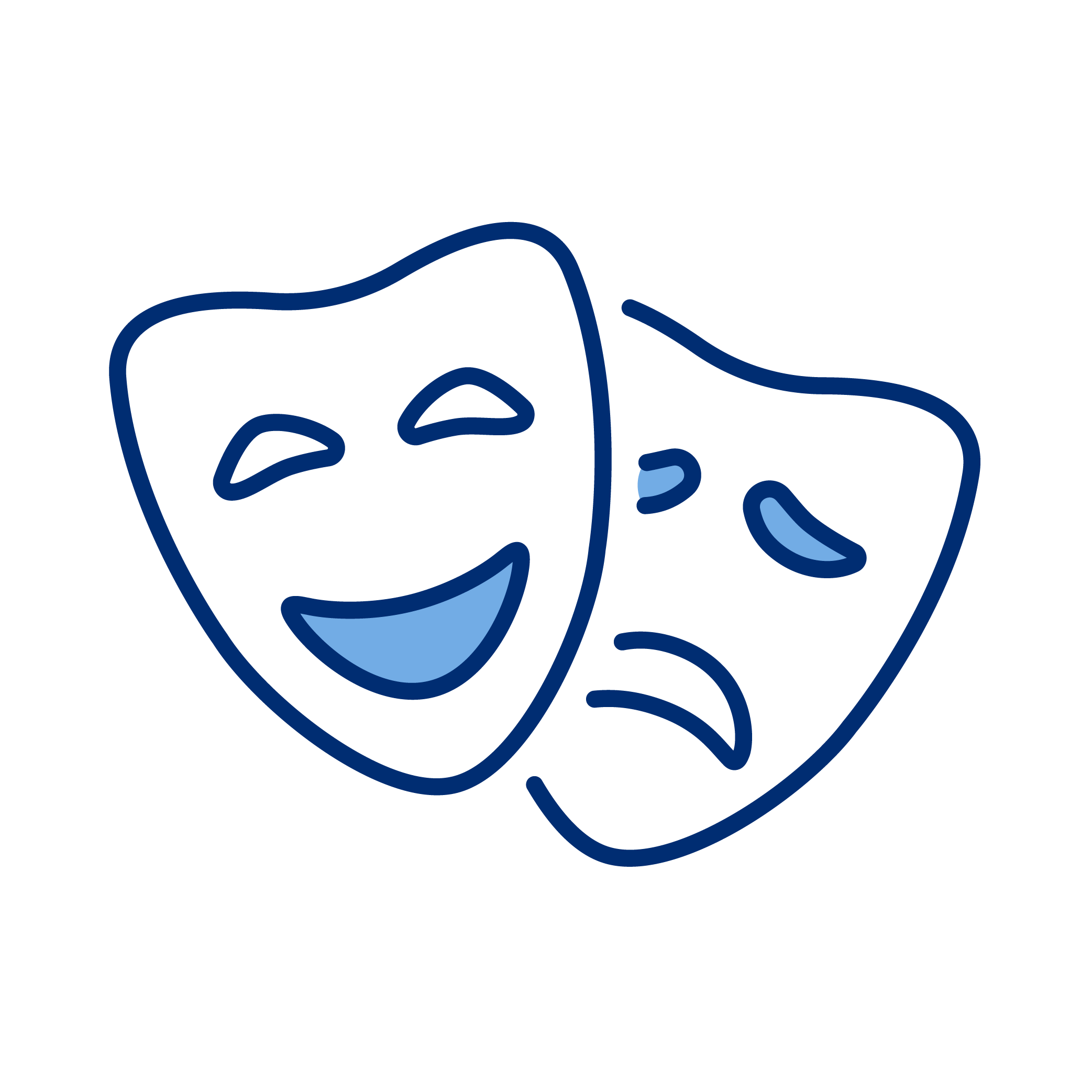 Illustration of two comedy and tragedy theater masks, one smiling and one frowning, in blue outline style.