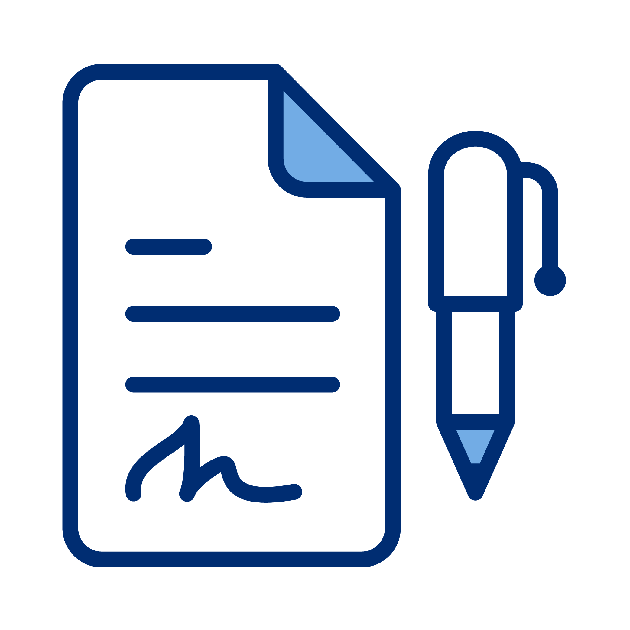 Outline of a document with a signature and lines, accompanied by a pen nearby.