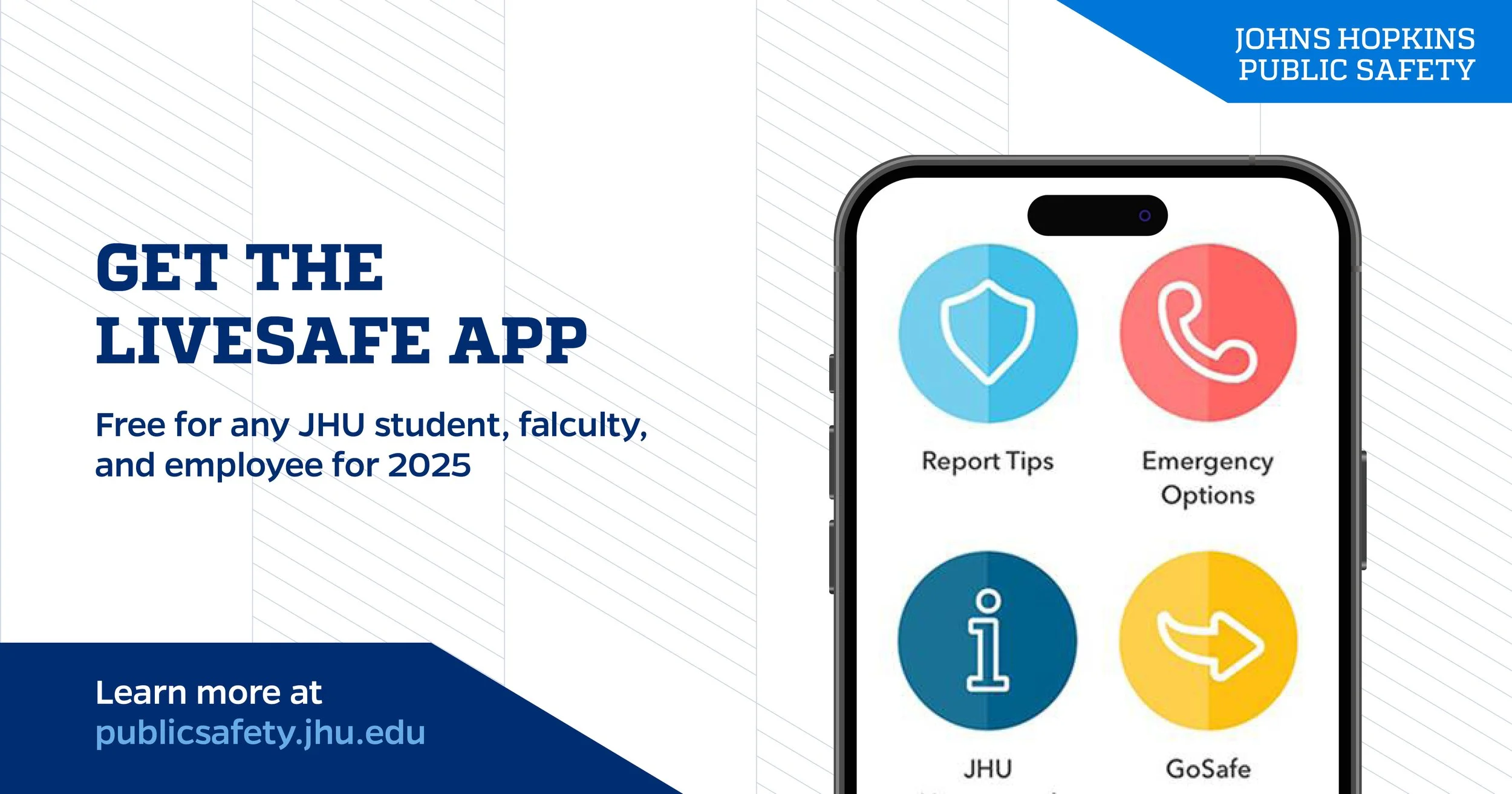 A promotional graphic for the LiveSafe app, showing a smartphone screen with four icons for Report Tips, Emergency Options, JHU information, and GoSafe, and text stating the app is free for JHU students, faculty, and staff in 2025. The top right corn