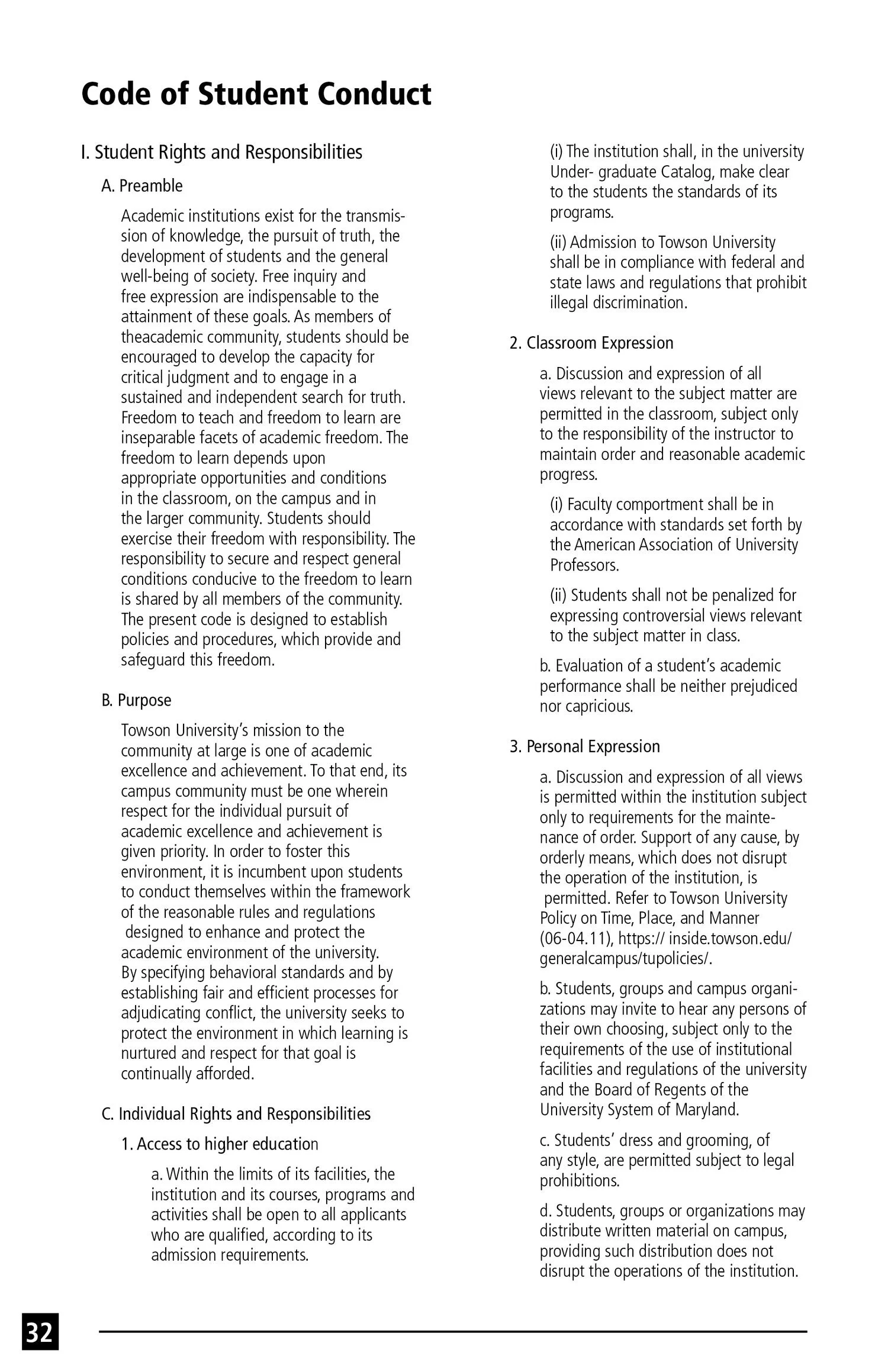 Page 32 of a document titled "Code of Student Conduct" with sections on student rights, responsibilities, classroom expression, personal expression, and individual rights and responsibilities.