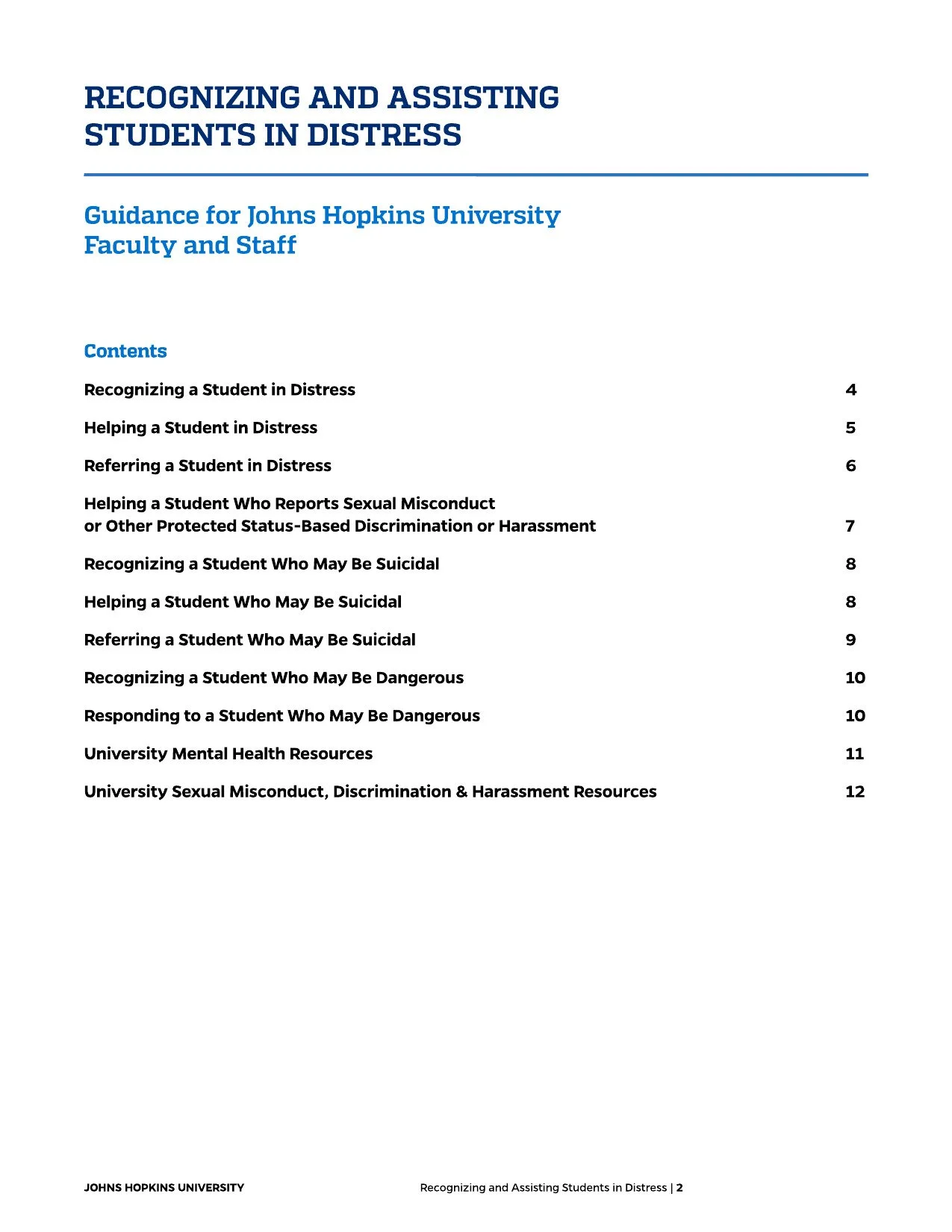 Table of contents page from a guide titled 'Recognizing and Assisting Students in Distress' by Johns Hopkins University, listing sections on recognizing, helping, referring students in distress or danger, and resources.