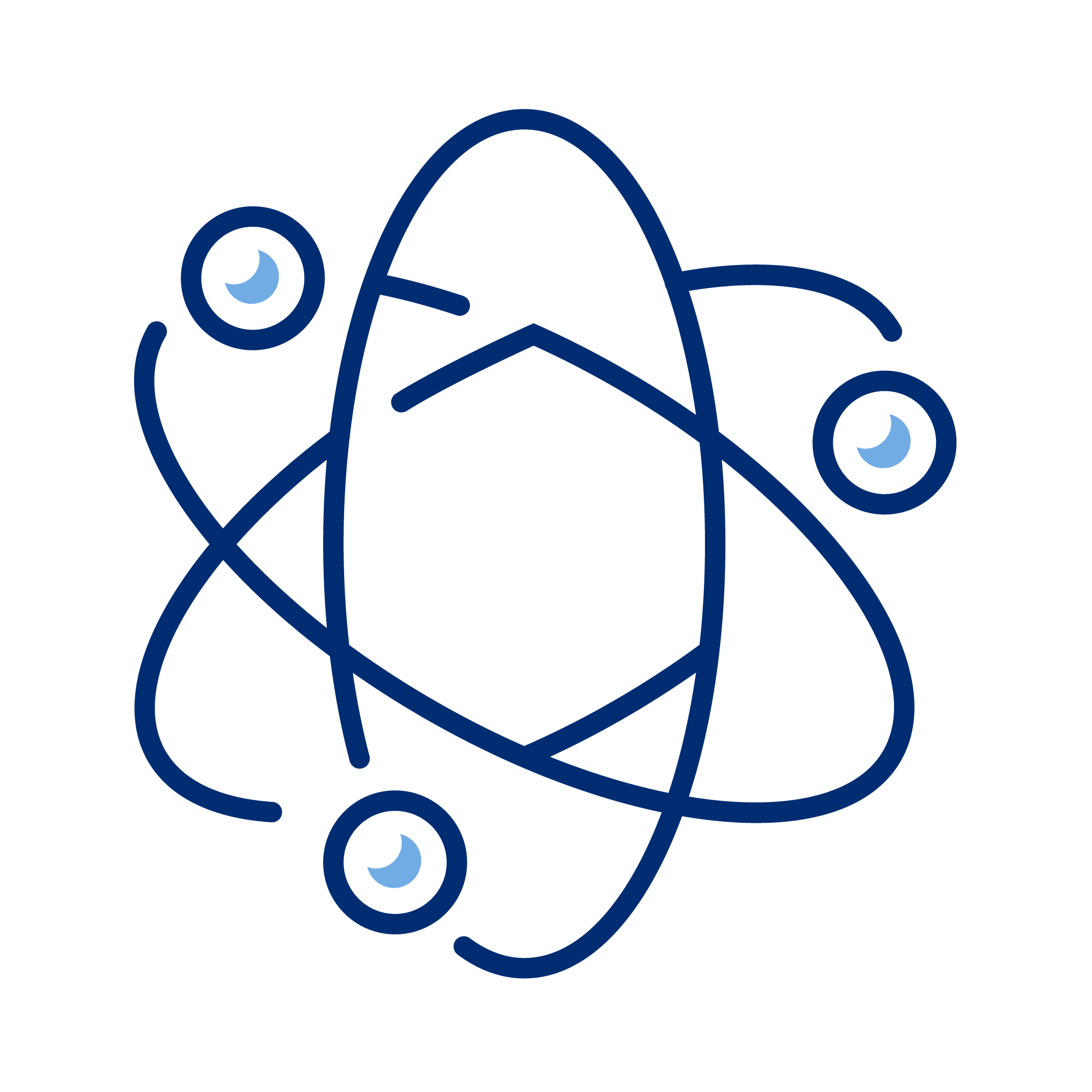 Line drawing of an atom with electrons orbiting a nucleus on a black background.