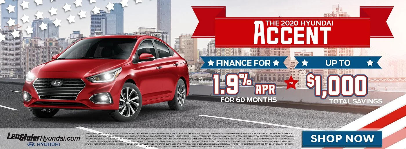 Red 2020 Hyundai Accent car on a city street with promotional offer banners and a city skyline in the background.