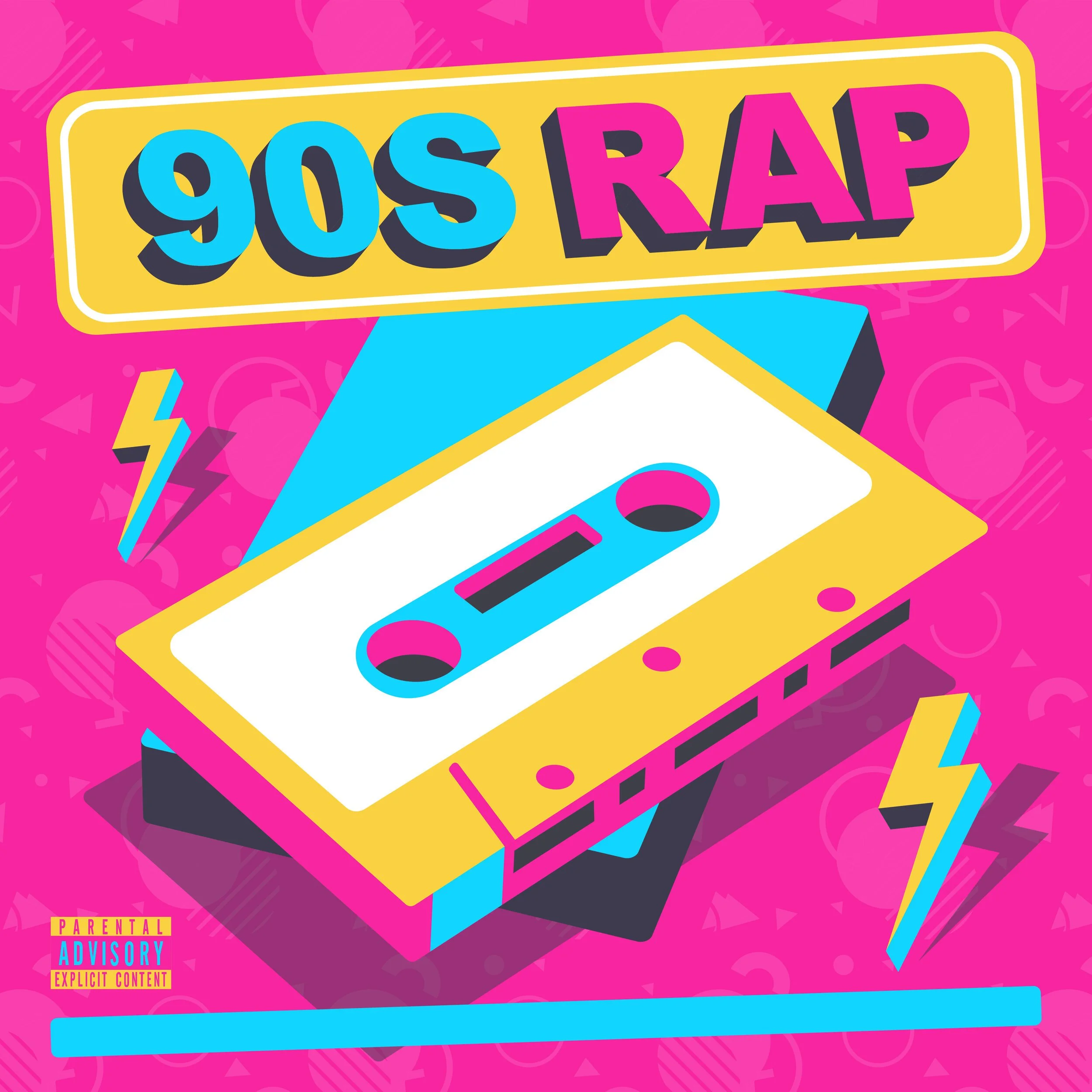 Colorful graphic with a pink background featuring a yellow cassette tape, lightning bolts, and the text '90s RAP' in bold blue and pink letters, with a parental advisory label in the bottom left corner.