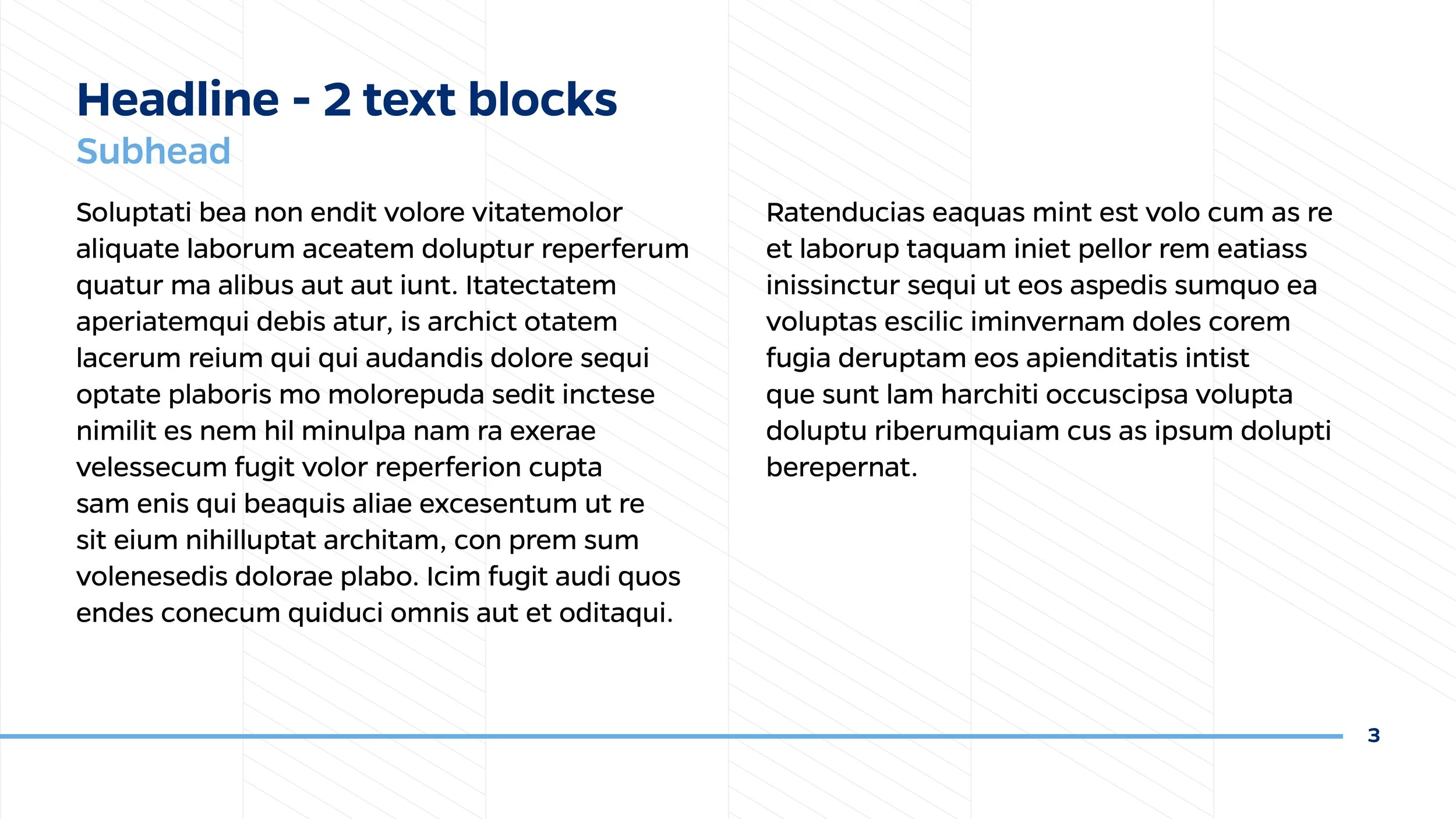 A presentation slide with a blue and white color scheme. The slide has a large blue heading that reads 'Headline - 2 text blocks', a light blue subhead 'Subhead', and two columns of body text in black. The slide number '3' appears in the bottom right