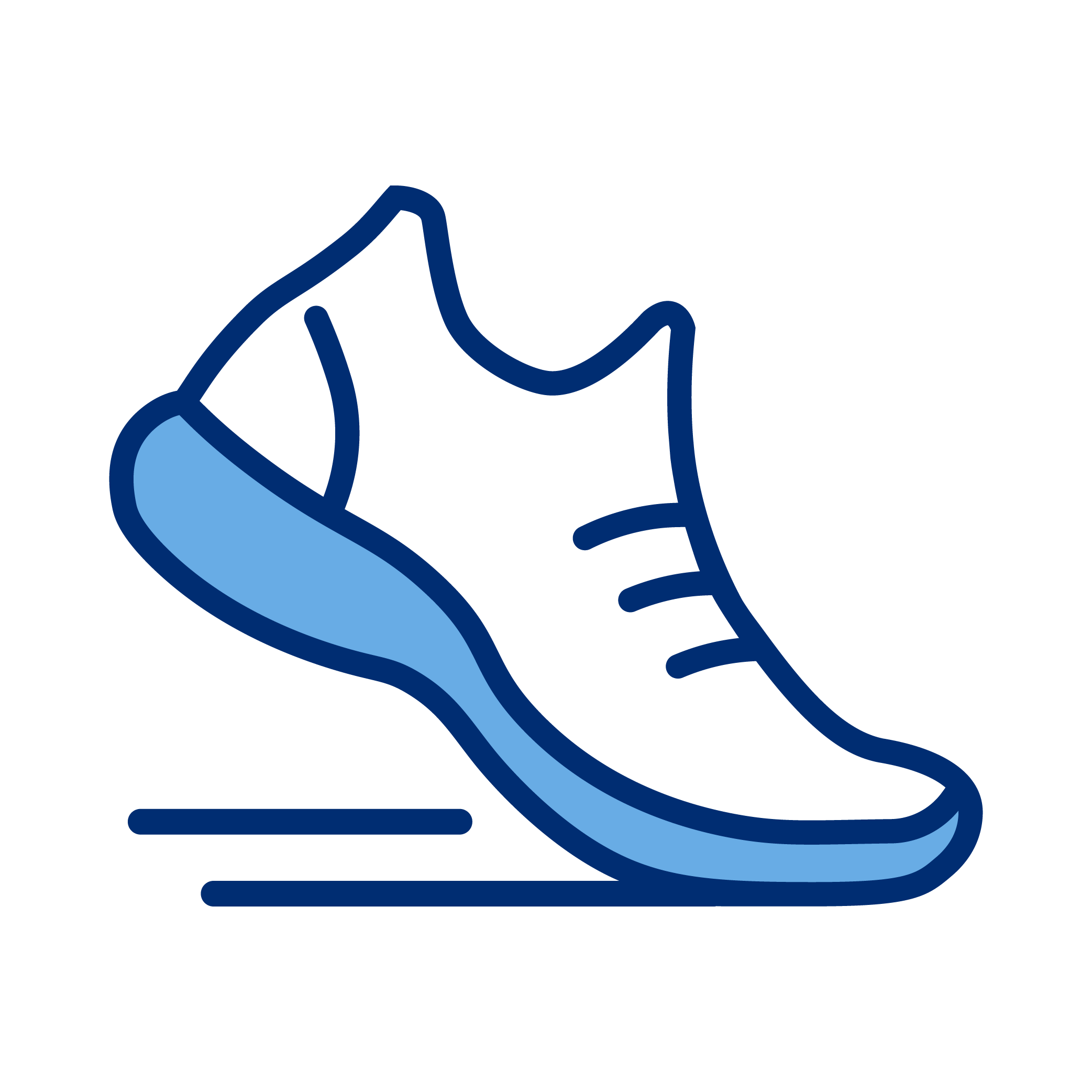 Illustration of a running shoe with a light blue sole and dark blue outline, showing motion lines to indicate movement.