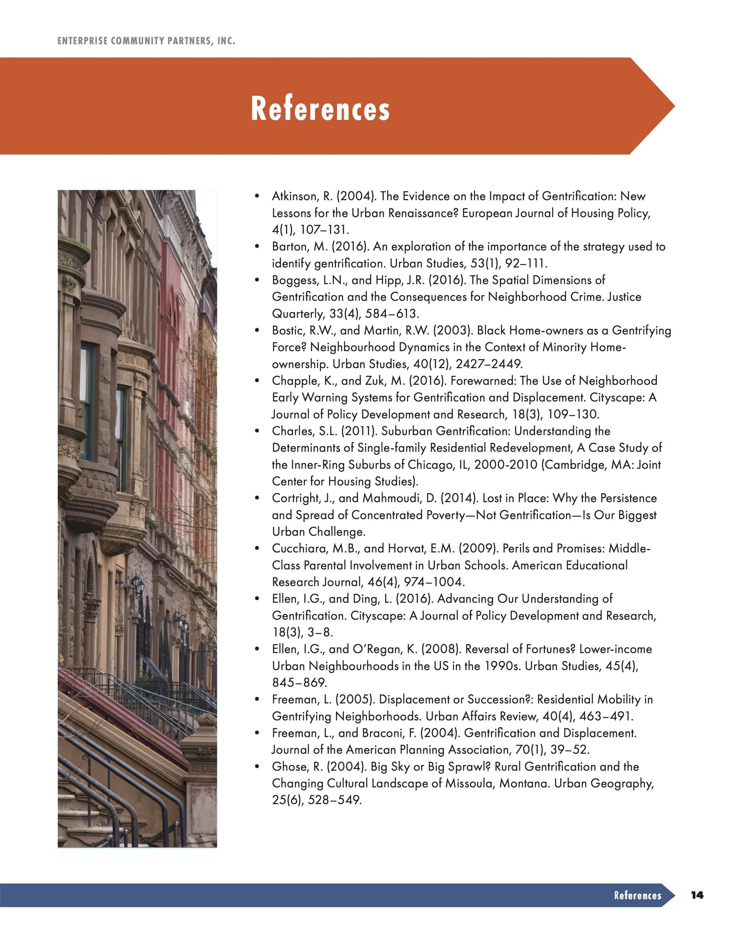 Page from a document titled 'References' with a list of academic sources, and a vertical photograph of a row of colorful brownstone buildings with ornate facades and steps leading to entrances on the left side.