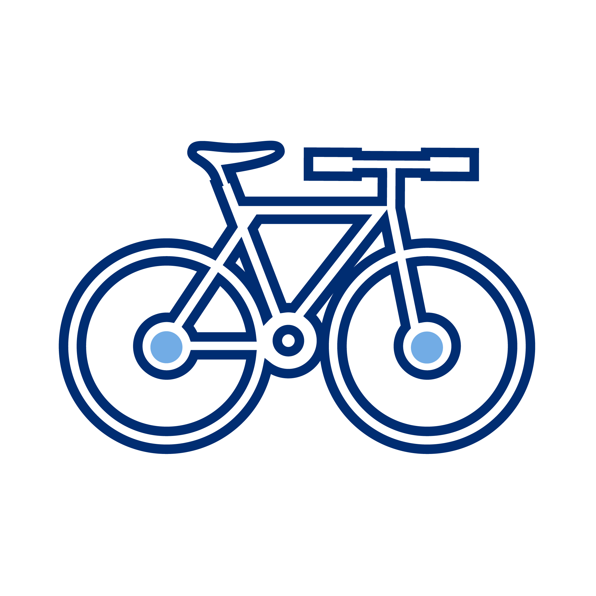 Outline drawing of a bicycle in blue with a black background.