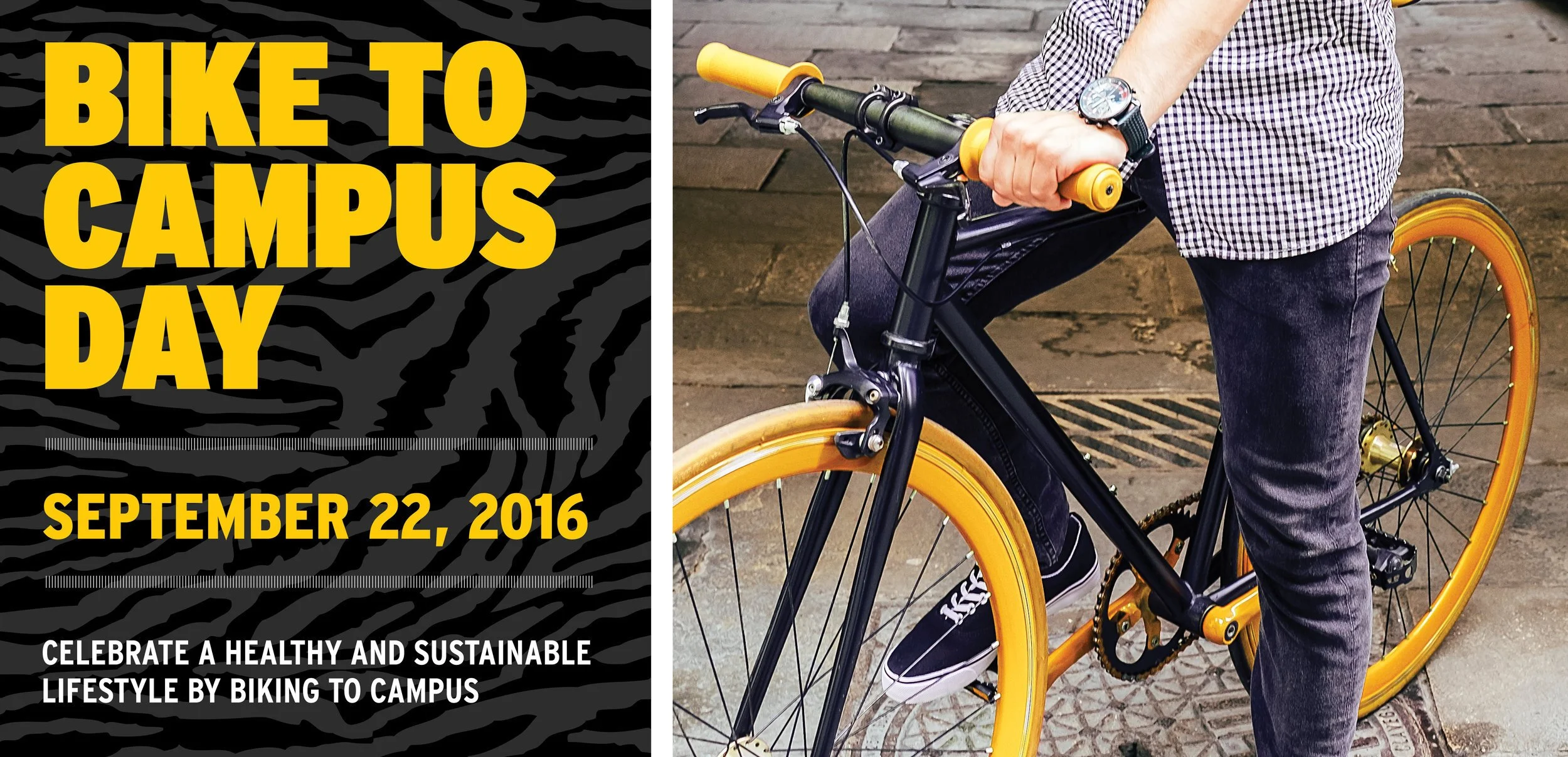 A person wearing jeans and a checkered shirt, holding the handlebars of a bicycle with yellow tires, standing on a sidewalk with a brick background. The left side of the image contains a promotional poster for 'Bike to Campus Day' on September 22, 20