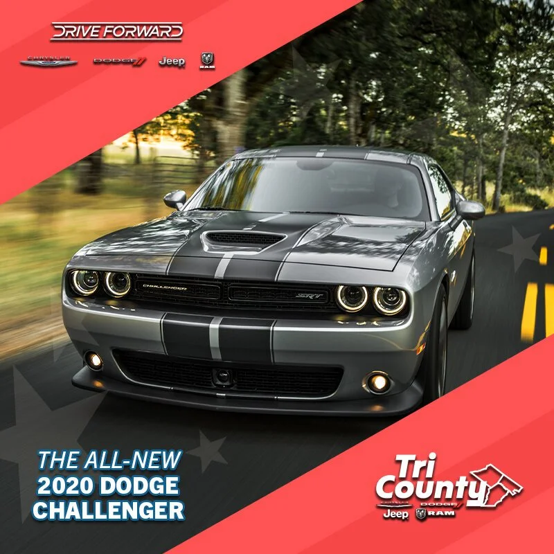 Front view of a gray 2020 Dodge Challenger driving on a rural road with trees in the background, with red and black promotional overlays for a car dealership.