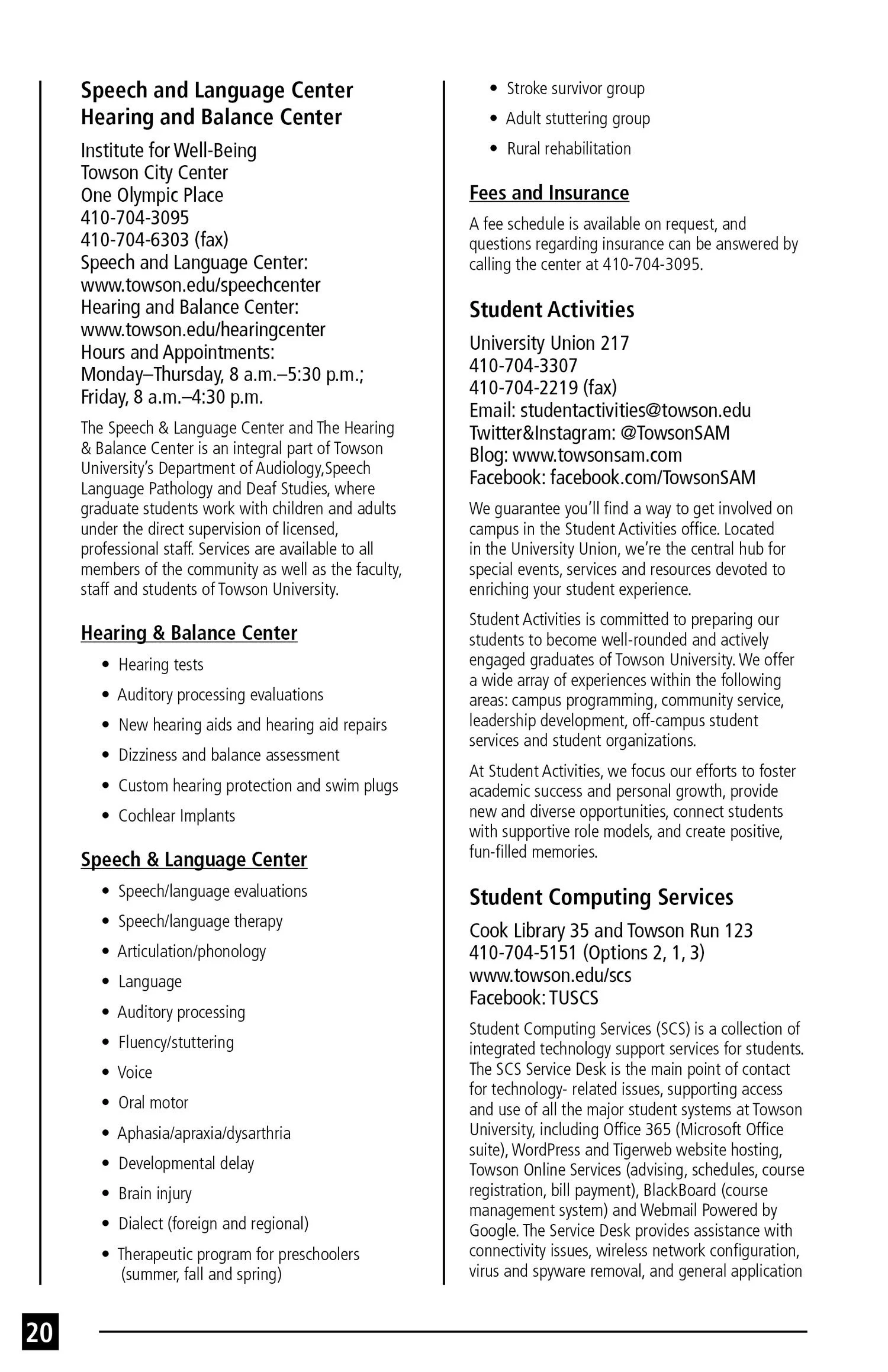 Information page about the Speech and Language Center, Hearing and Balance Center, and Student Activities at Towson University, including contact details, services offered, and mission statements.