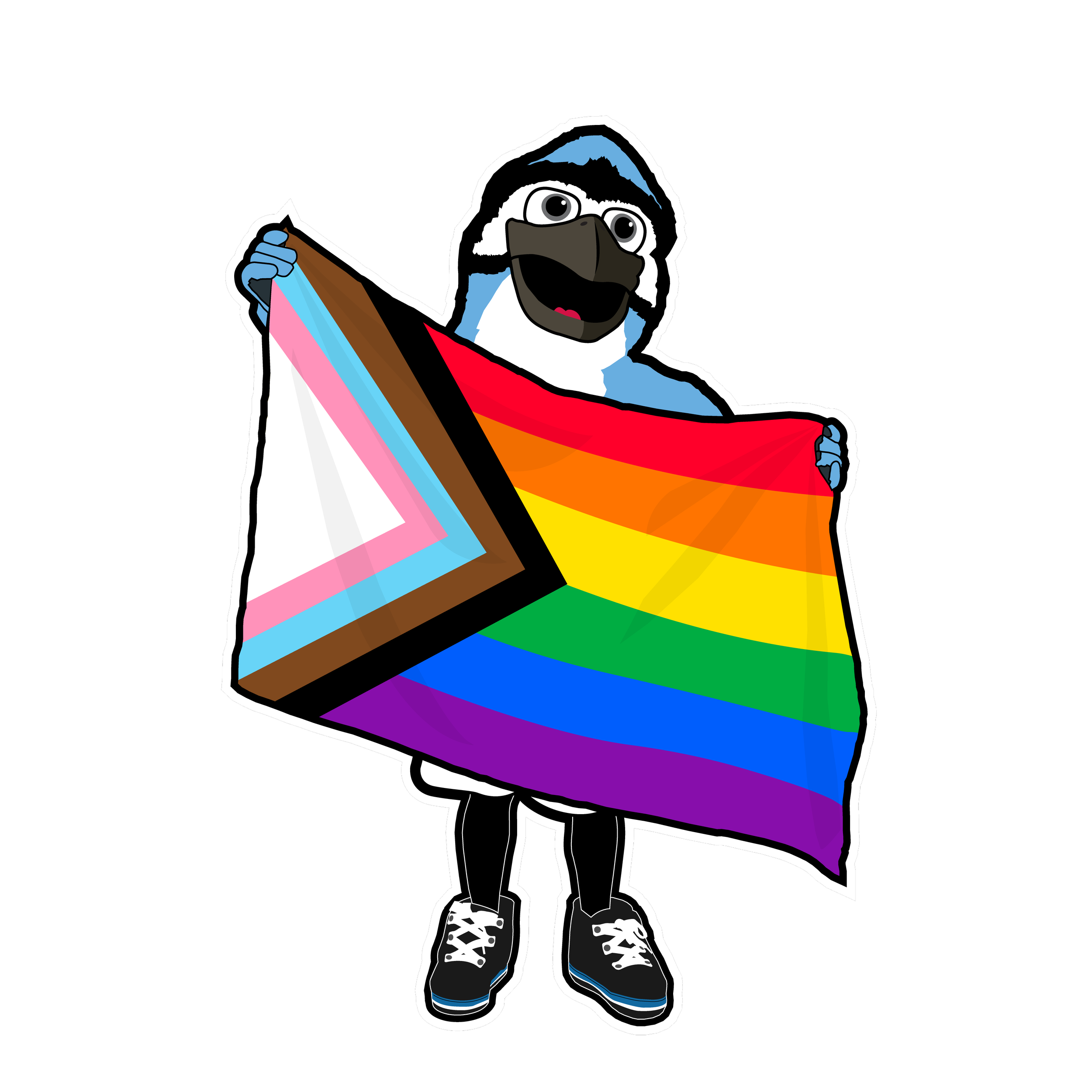 A cartoon penguin holding a rainbow pride flag.