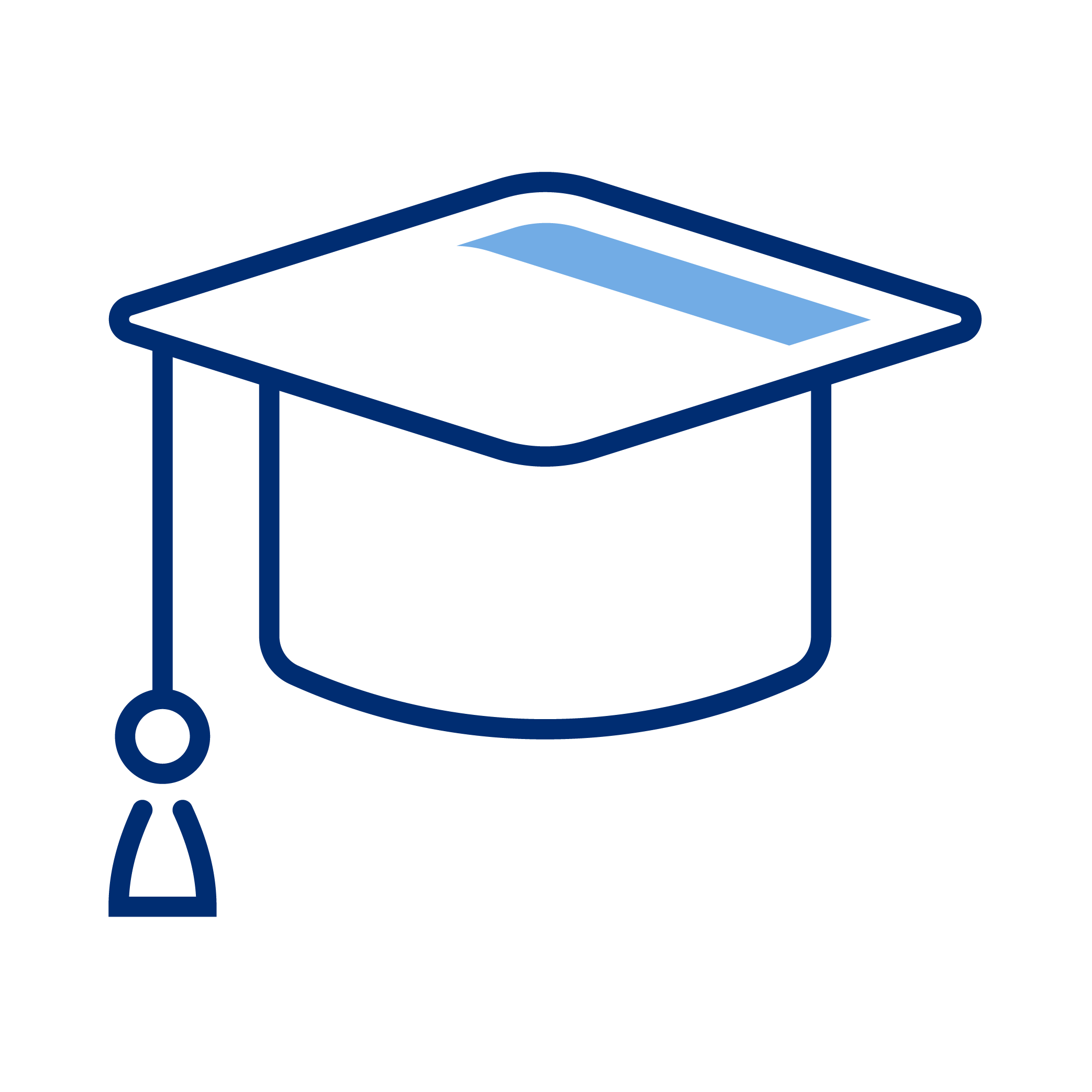 Outline illustration of a graduation cap in navy blue with a light blue square on top, set against a black background.
