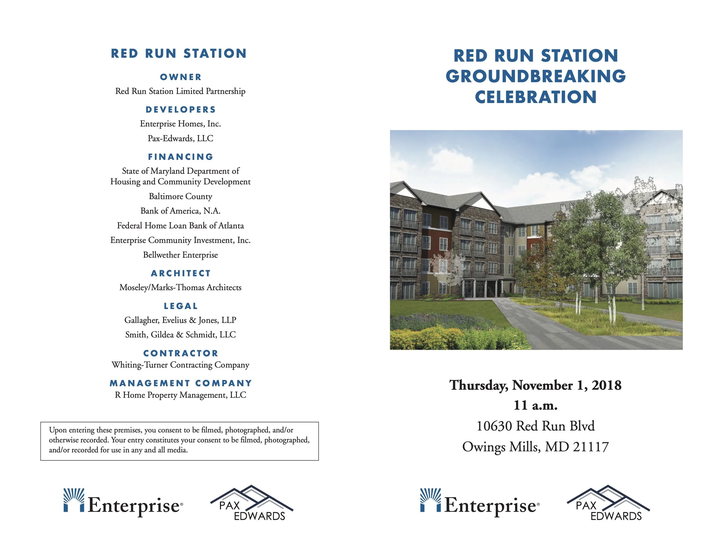 Invitation for the groundbreaking celebration of Red Run Station, featuring a digital rendering of a multi-story residential building with a landscaped yard and trees, scheduled for Thursday, November 1, 2018, at 10630 Red Run Blvd, Owings Mills, Mar