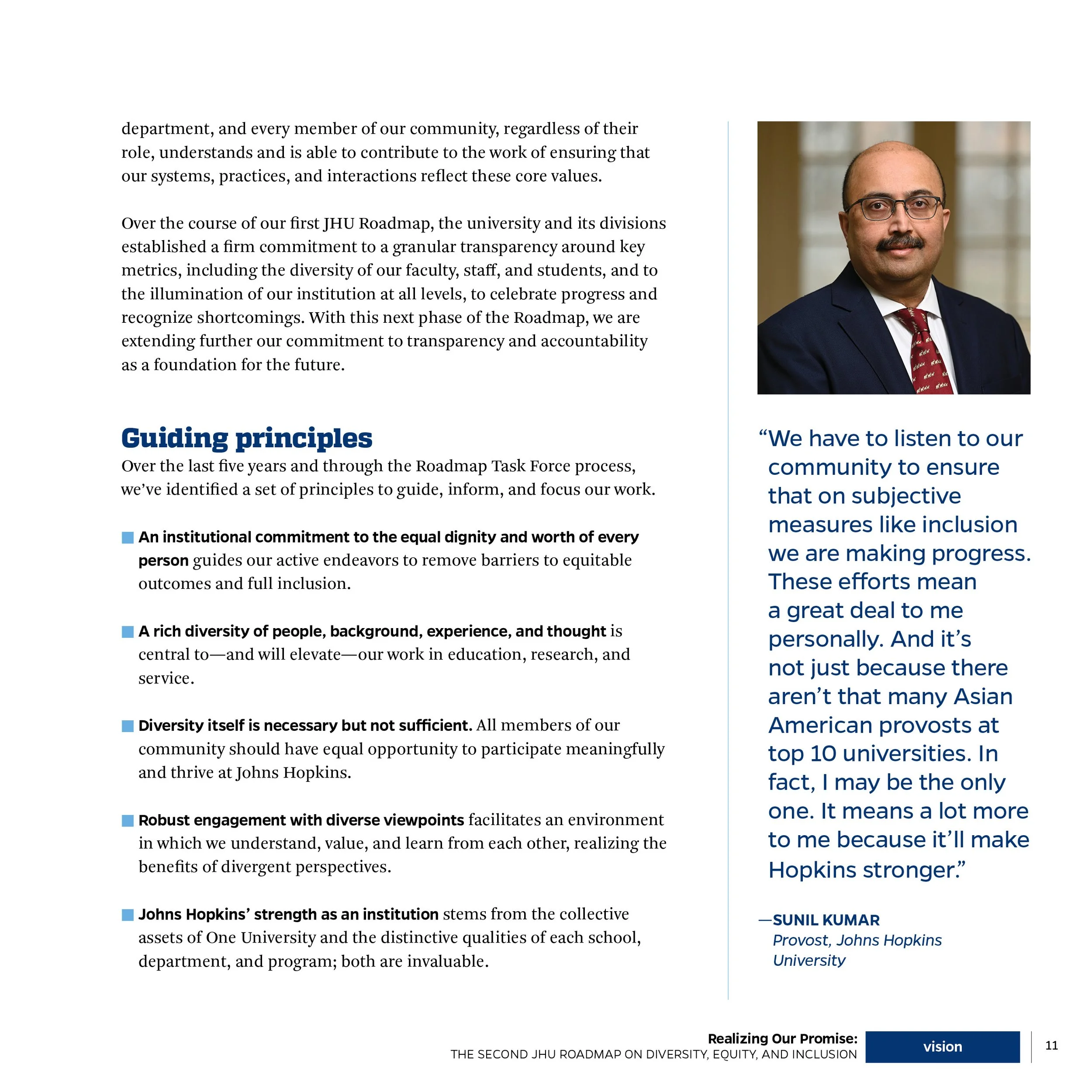 Page from a document or report displaying a photograph of a man in a suit with a quote, text discussing guiding principles for diversity and inclusion at Johns Hopkins University, and a section titled 'Guiding Principles' with bullet points about ins