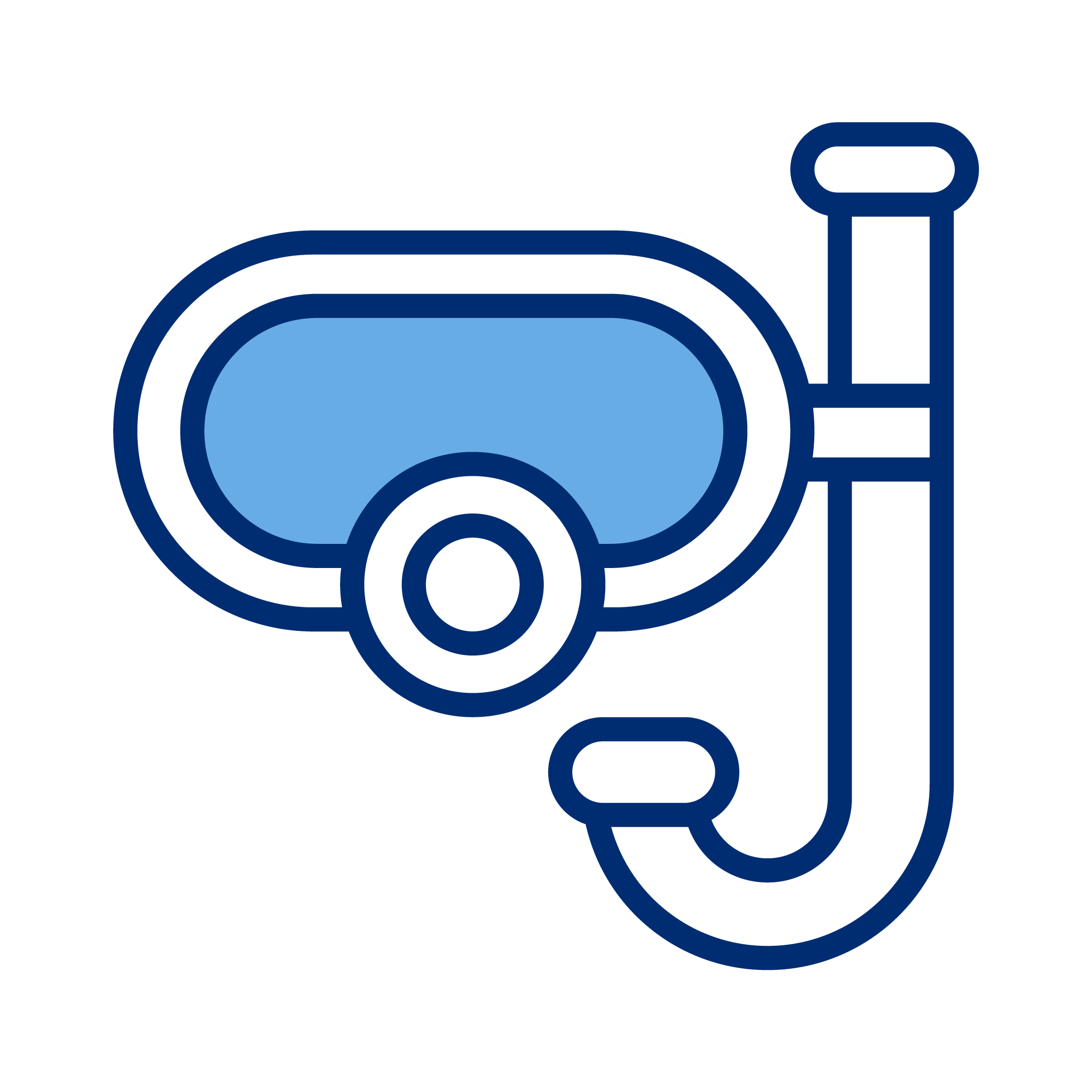 Line drawing of a snorkel mask and snorkel.