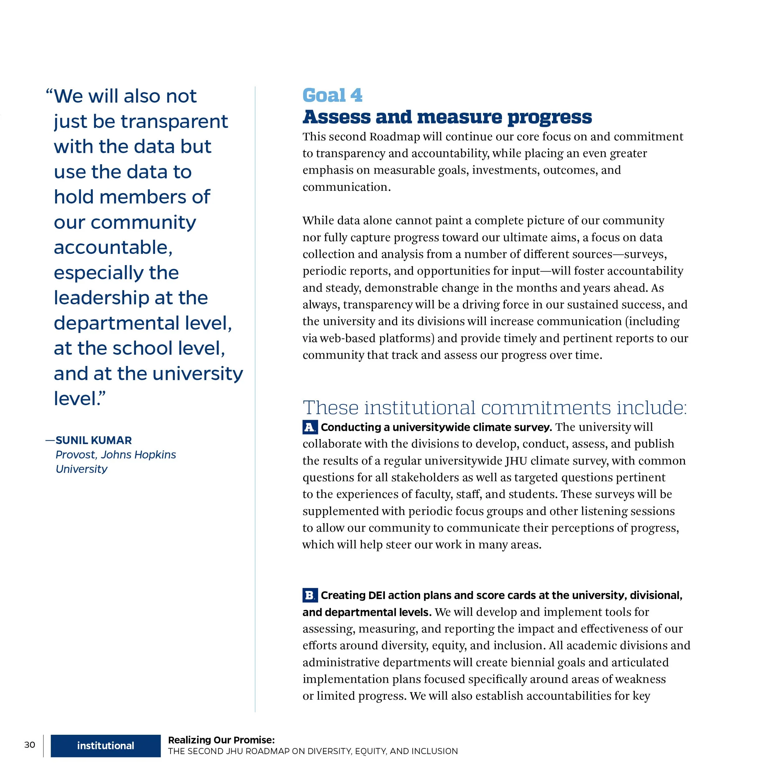 Page from a report or document discussing progress assessment and institutional commitments at a university, including climate surveys and DEI action plans.