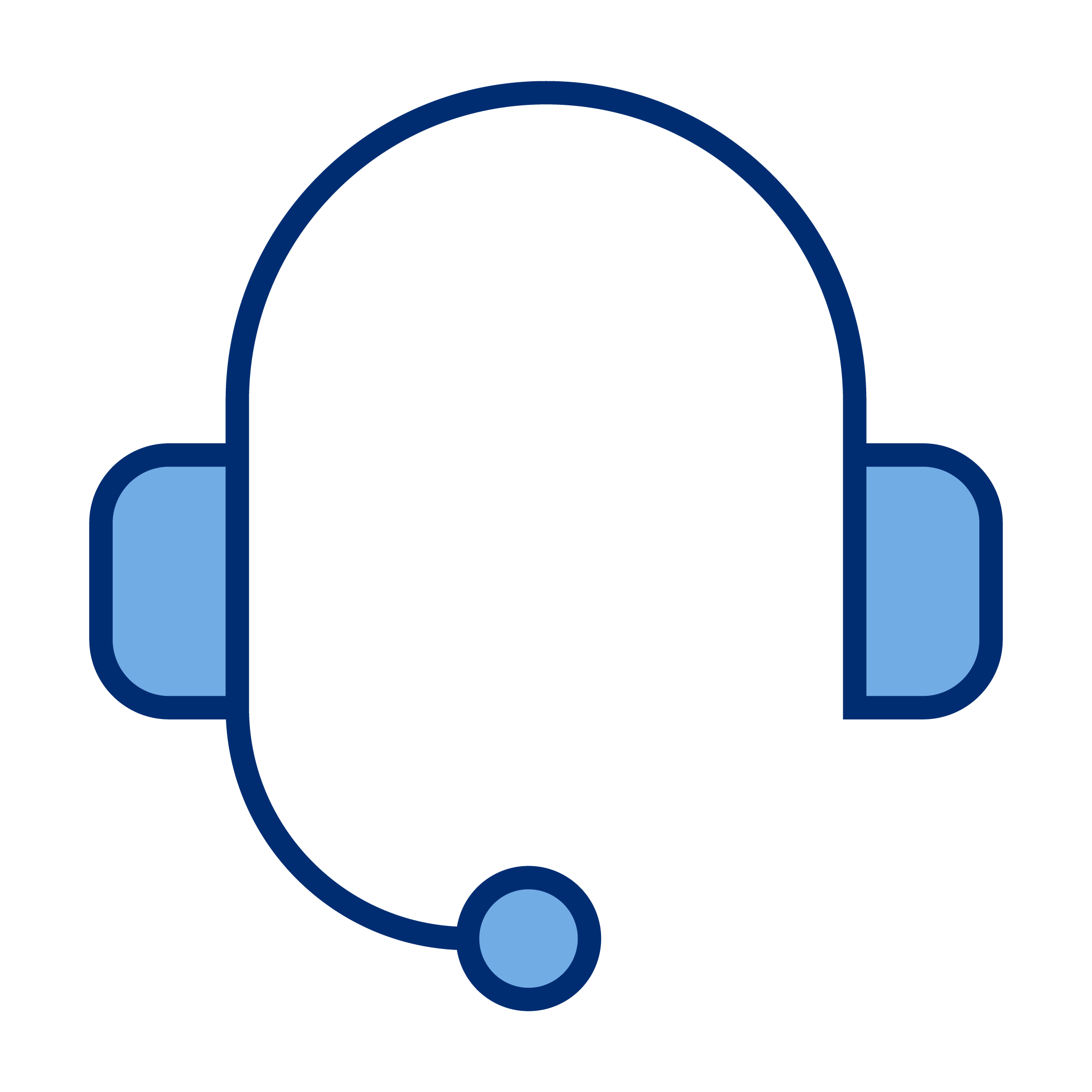 Simple illustration of a black headset with light blue ear cups and a light blue microphone on a black background.