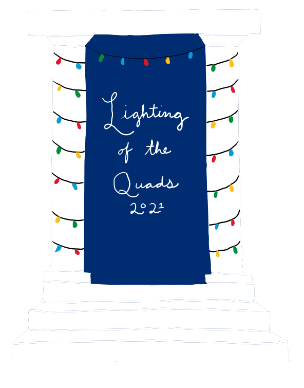Blue banner reading "Lighting of the Quads 2021" with colorful string lights hanging around it, set on a podium with steps.