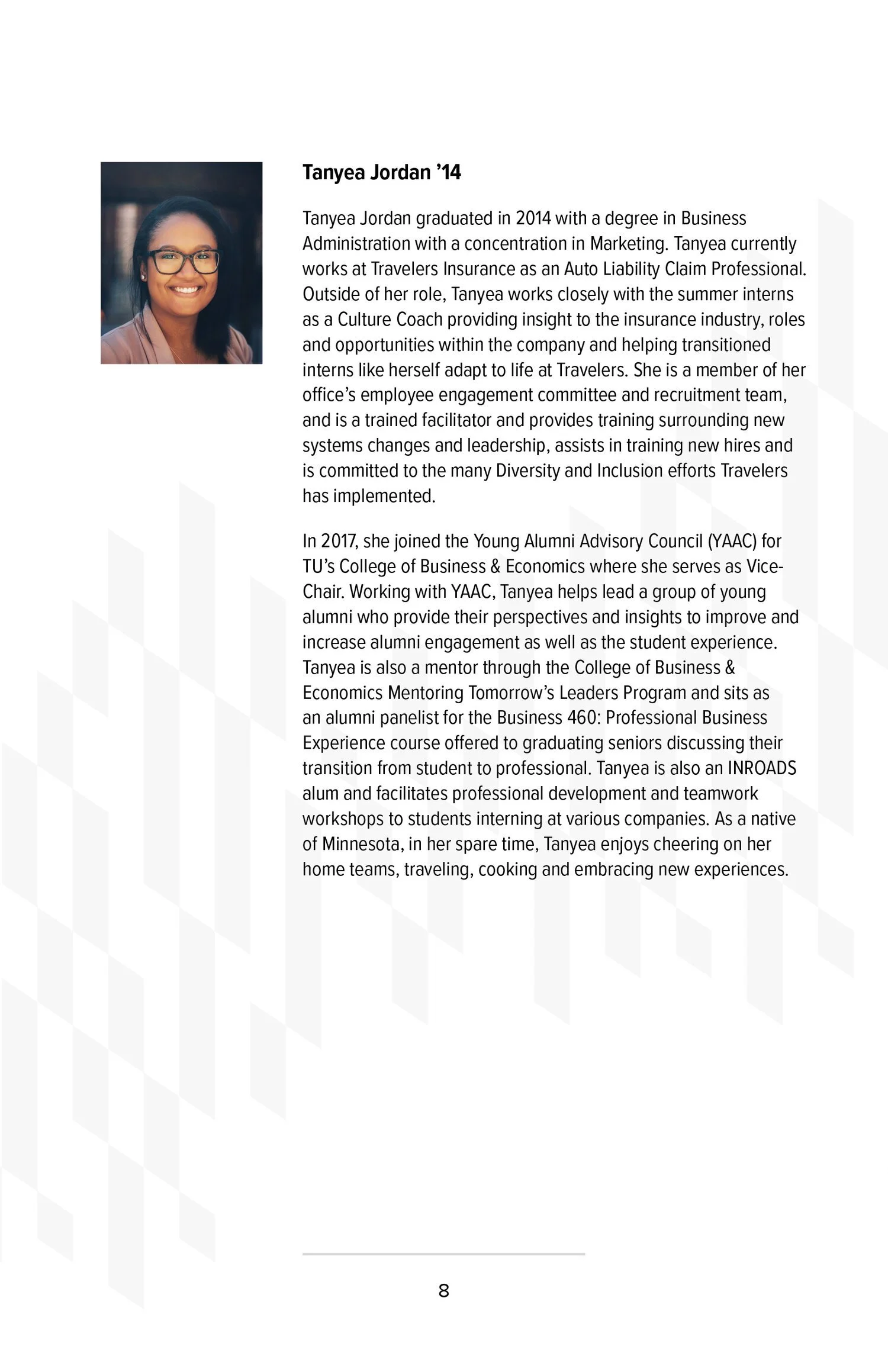 Photograph of Tanyean Jordan, a young woman with glasses, smiling.