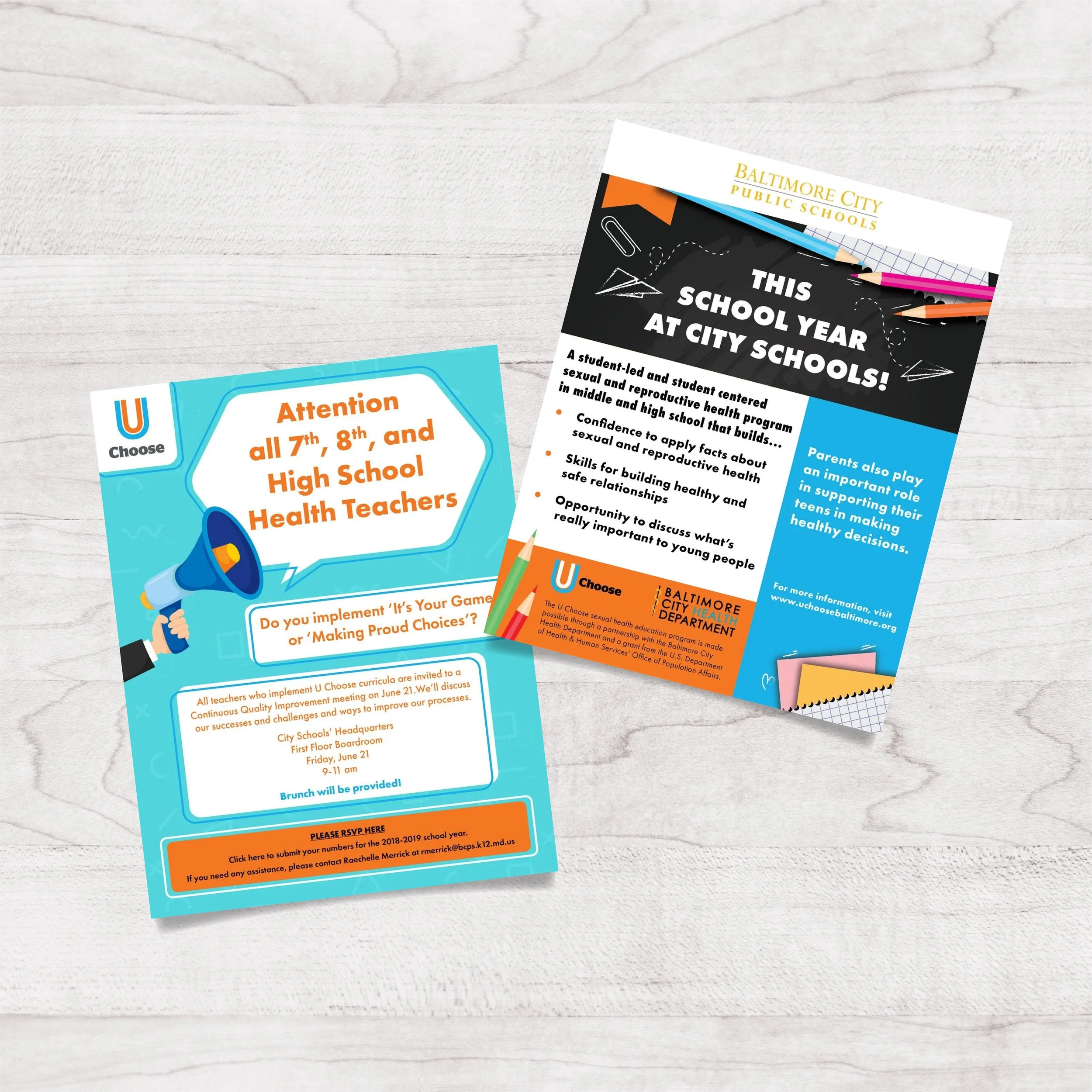 Two flyers on a light wooden surface, one teal and white from Baltimore City Public Schools addressing high school health teachers, and another from Baltimore City Health Department about city schools, with colorful graphics and text.