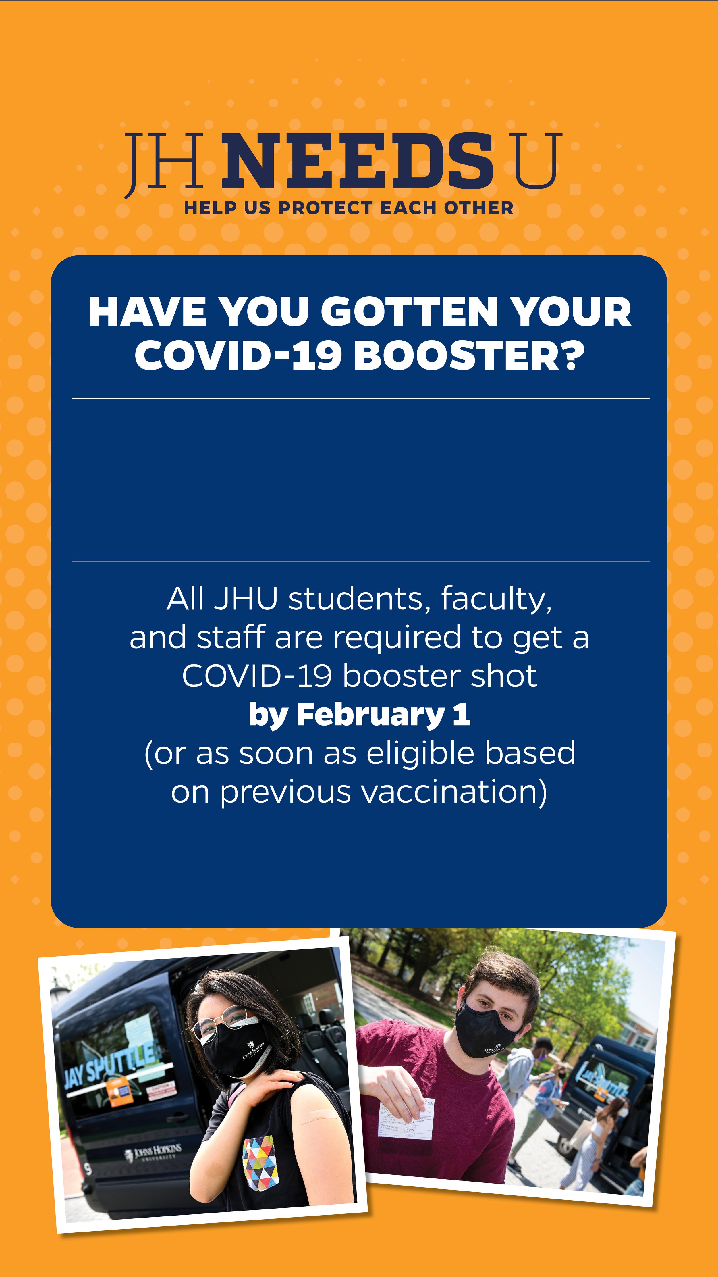 COVID-19 vaccination informational poster with photos of students wearing masks and standing outdoors, background in bright orange with blue text.