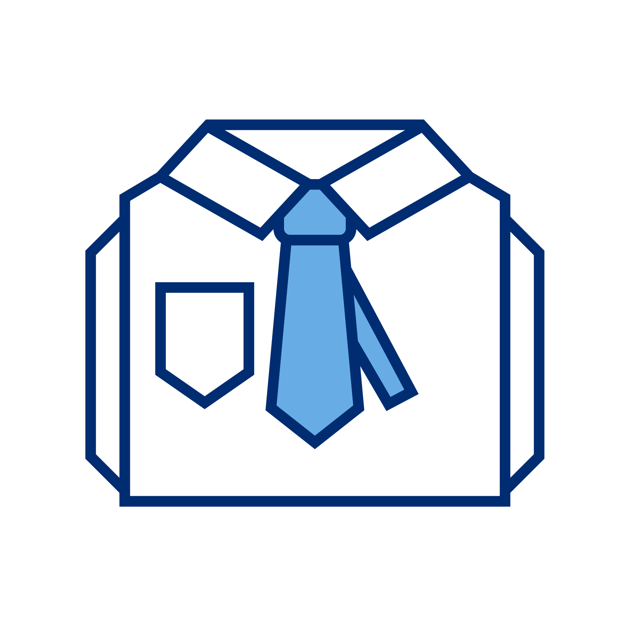 Outline of a cardboard box with a shirt, tie, and pocket illustration in blue