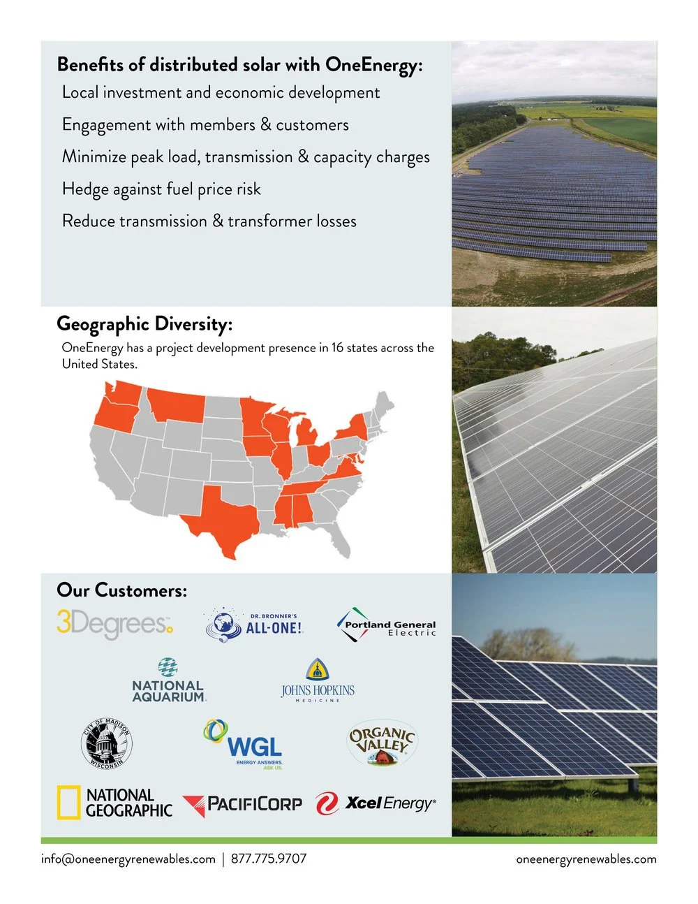 A promotional flyer for OneEnergy highlighting benefits of distributed solar energy, geographic project presence across 16 states, and a list of customer logos including National Geographic, Portland General Electric, and Johns Hopkins Medicine, acco