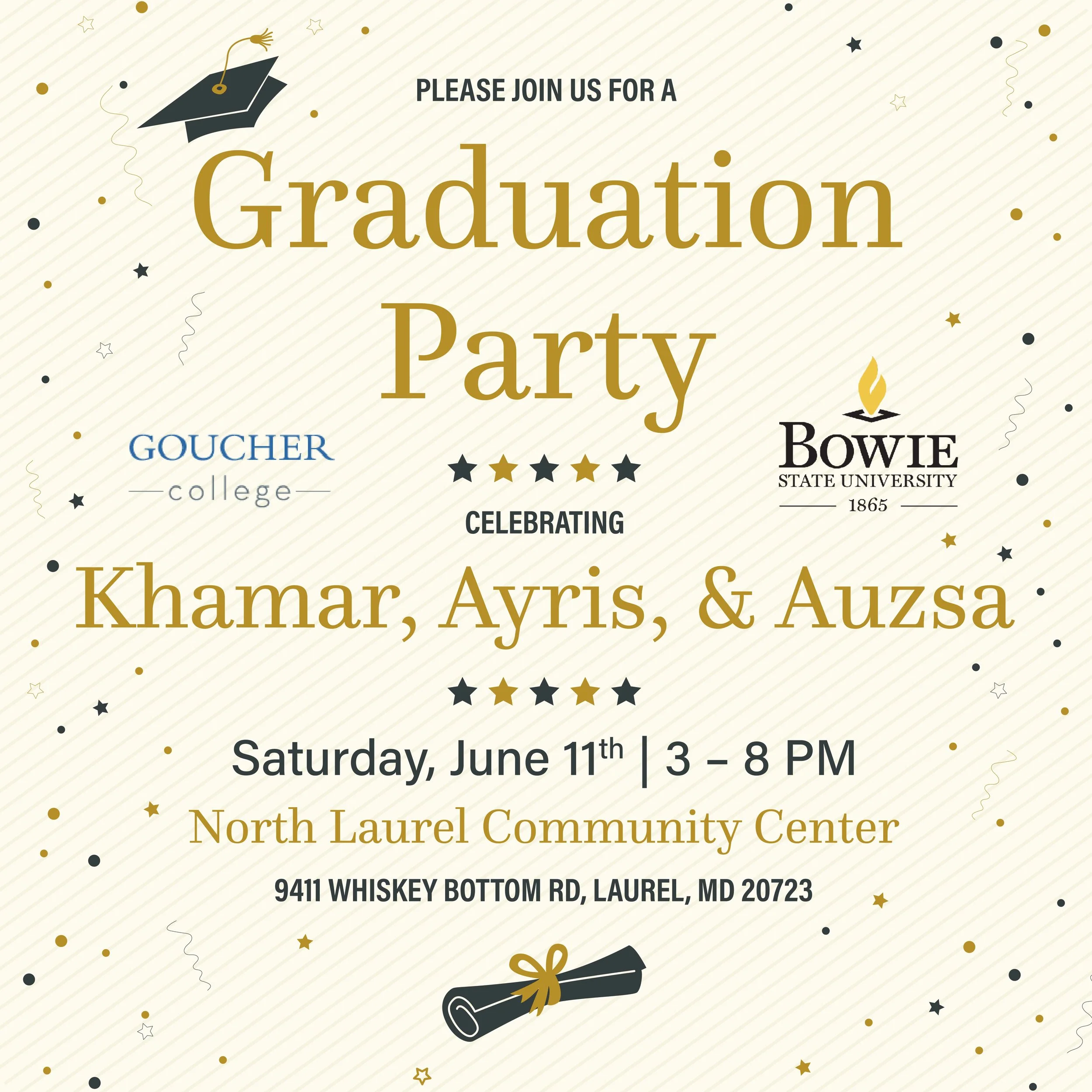 Invitation to a graduation party featuring gold and black confetti, a black graduation cap with a gold tassel, and a rolled diploma tied with a gold ribbon. The event is at North Laurel Community Center on June 11th from 3 to 8 PM, celebrating Khamar
