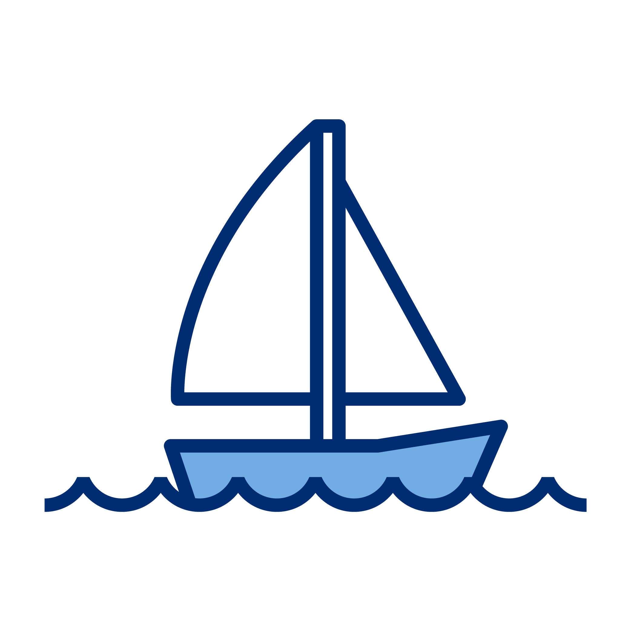 Line drawing of a sailboat with a large sail on the water, with waves depicted below.