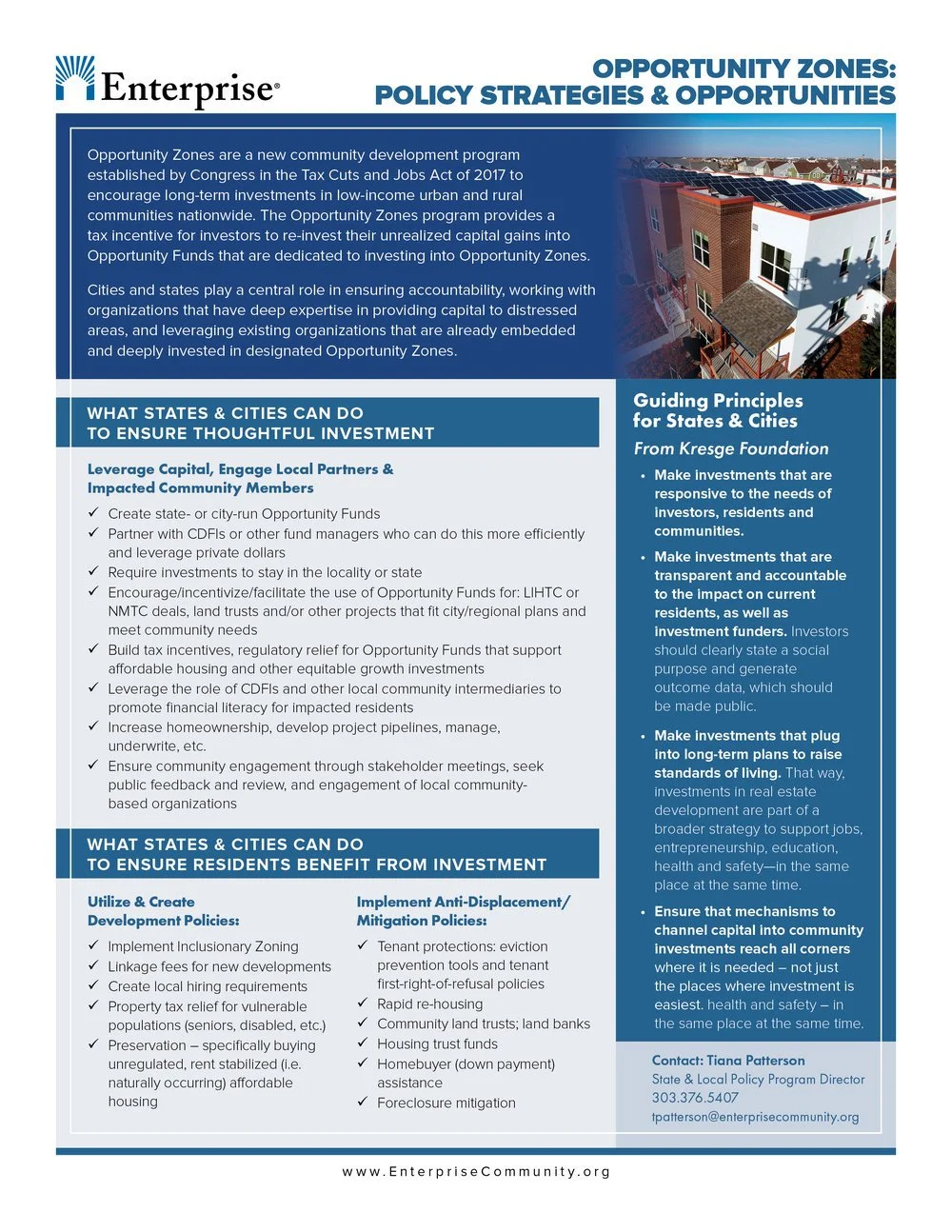 A community development flyer titled 'Opportunity Zones: Policy Strategies & Opportunities' with text about investment strategies, principles, and contact information, accompanied by an image of a new residential building with solar panels.