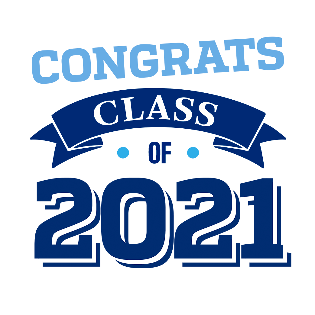 Digital graphic with text reading 'Congrats Class of 2021', featuring a stone blue background, white text, and a dark blue ribbon banner.