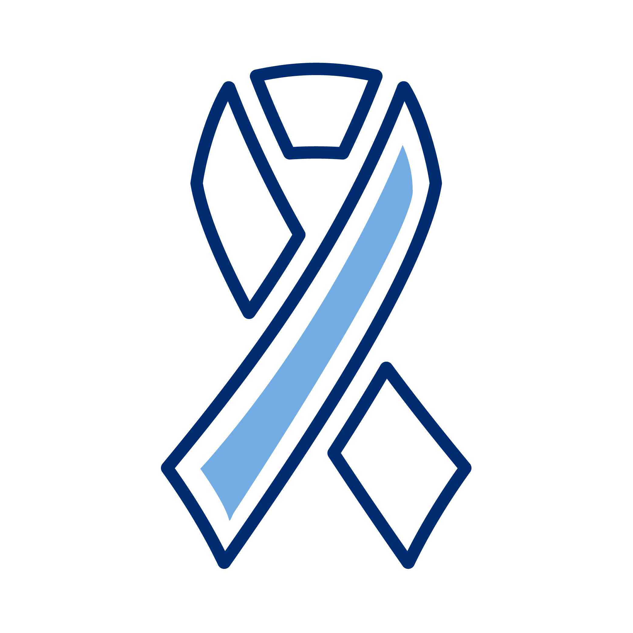 Blue awareness ribbon symbol with dark blue outlines on a black background.