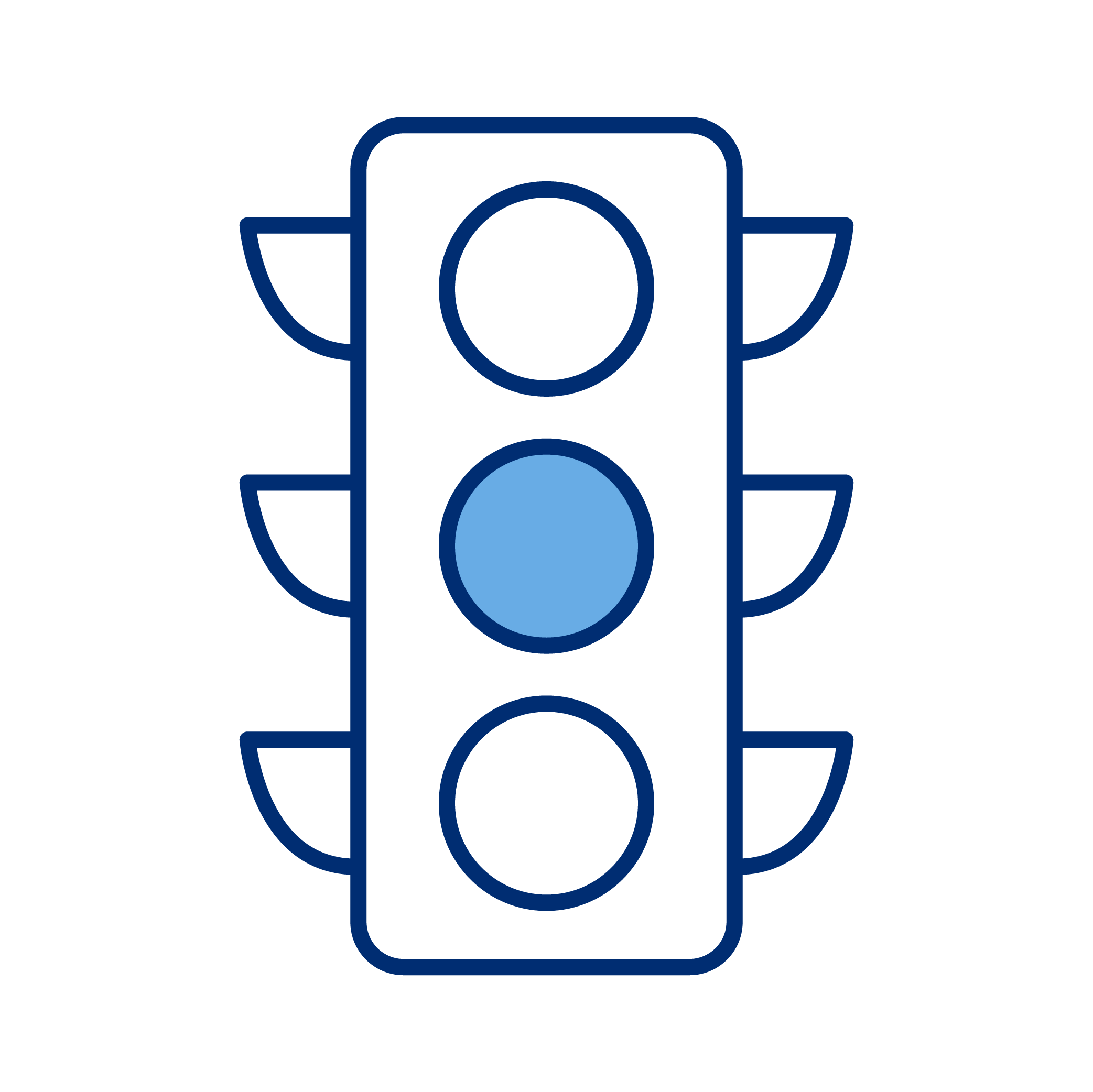 Illustration of a traffic light with the middle light illuminated in blue.