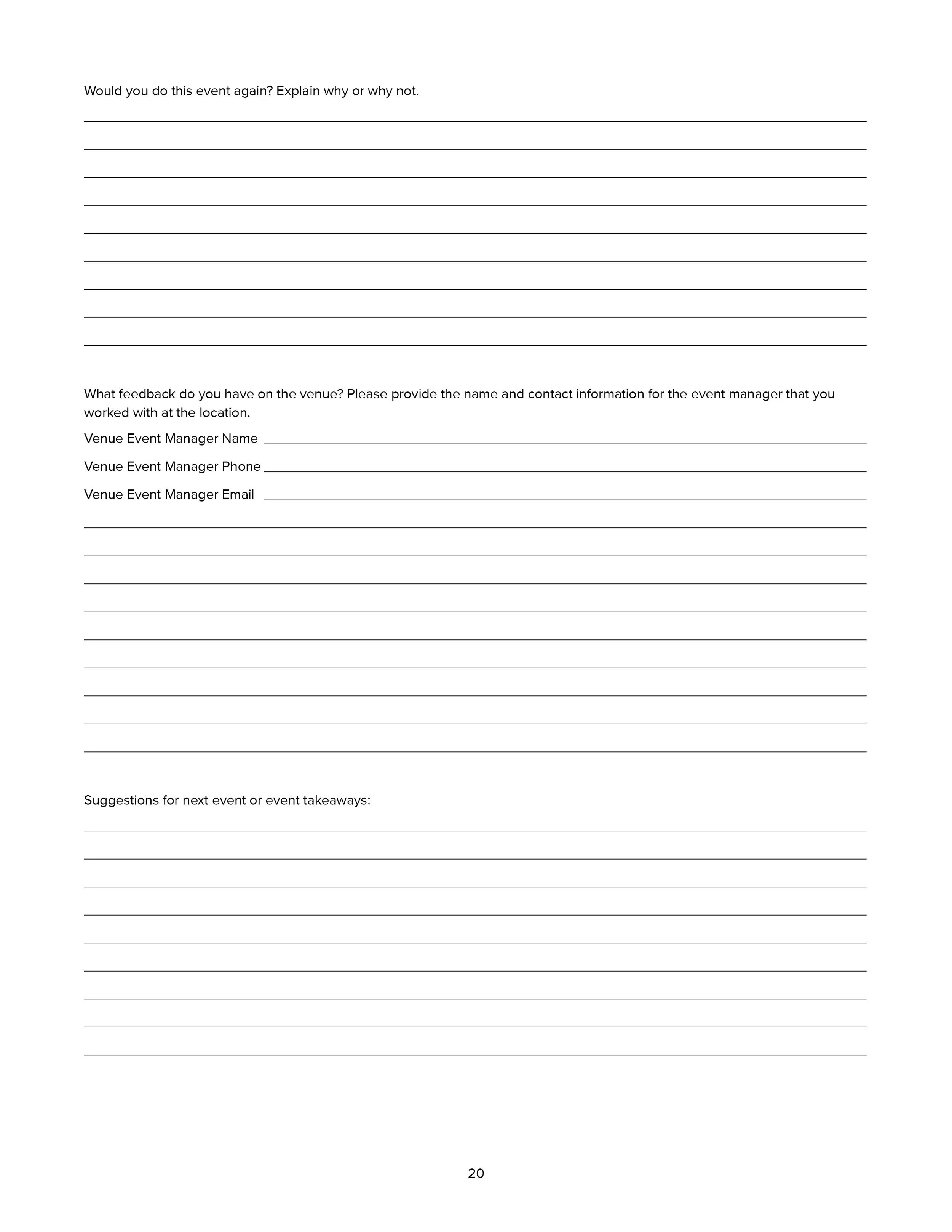A survey page with the question 'Would you do this event again? Explain why or why not.' and spaces for written responses, followed by sections requesting feedback on the venue, including the venue event manager's contact information, and a section f