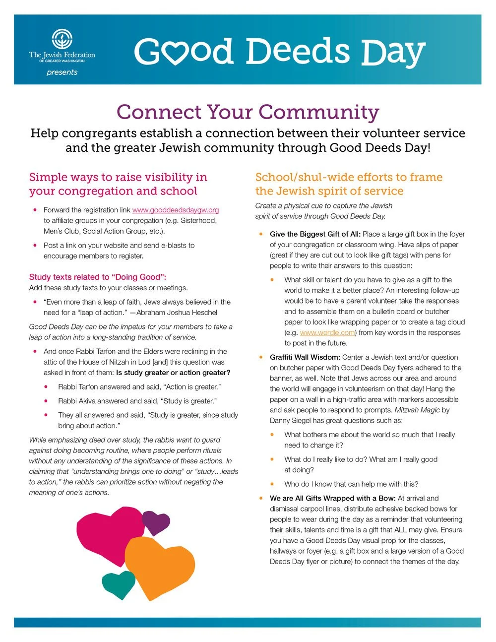Flyer for Good Deeds Day presented by The Jewish Federation of Greater Washington, encouraging community service, sharing ideas for raising visibility in congregations and schools, and promoting school-wide efforts to capture the Jewish spirit of ser