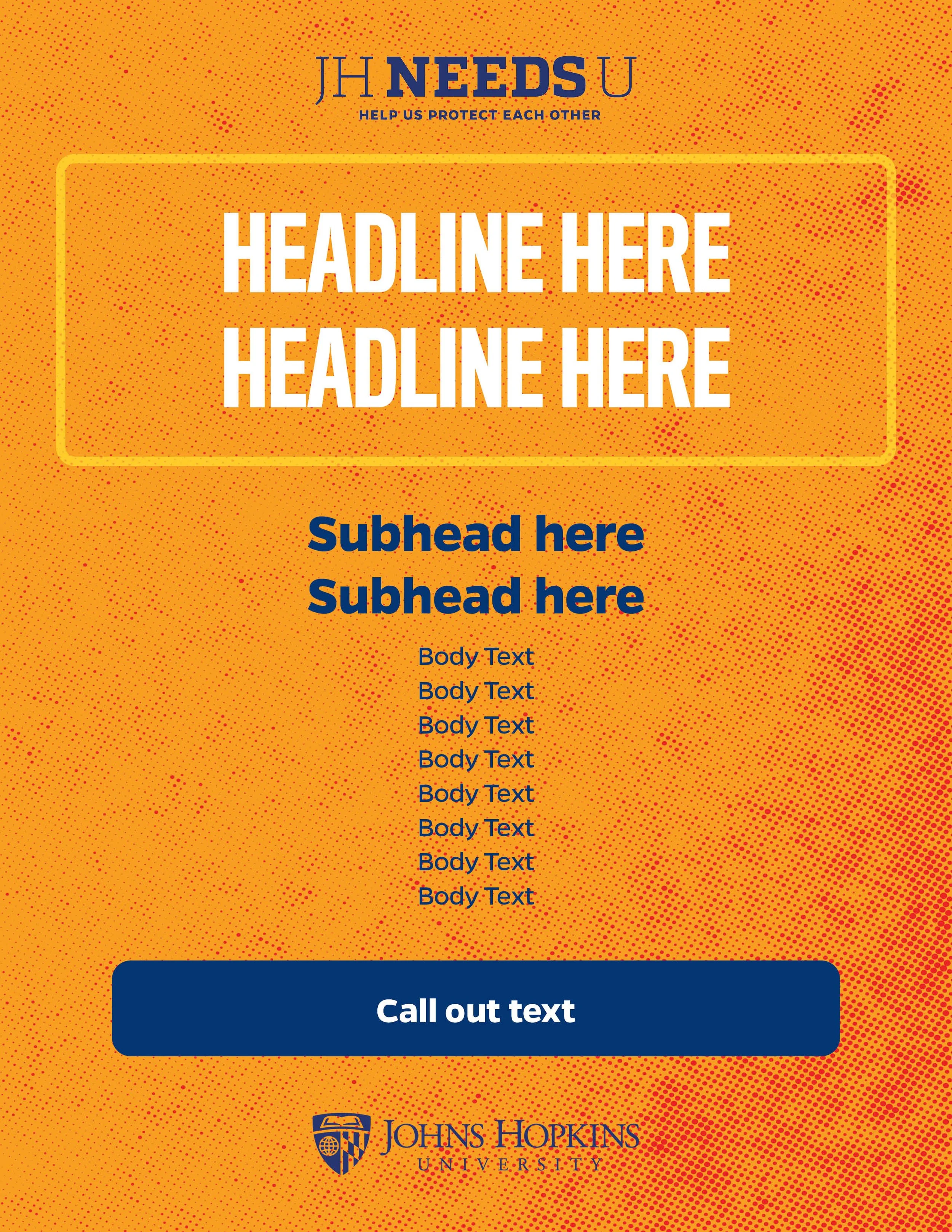 A flyer for Johns Hopkins University with a bright yellow background, large white headlines, blue subheadings, and a dark blue call-to-action button at the bottom.