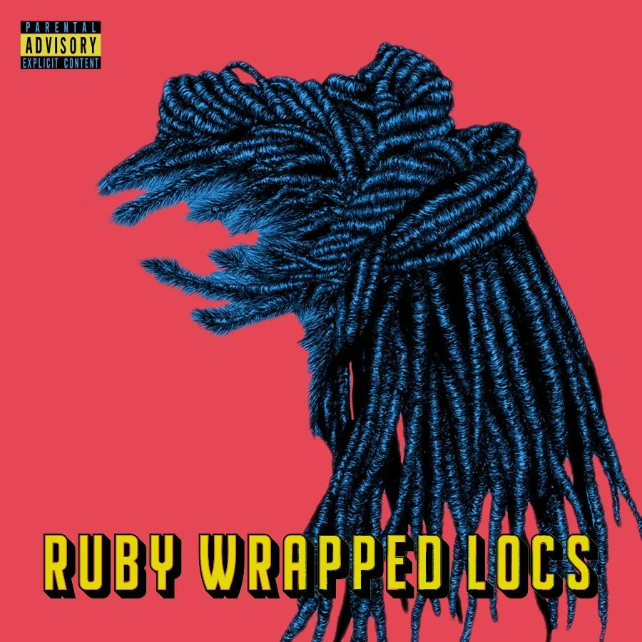 An illustration of blue dreadlocks hairstyle on a person with a pink background and the text "Ruby Wrapped Locs" at the bottom and a parental advisory label in the top left corner.