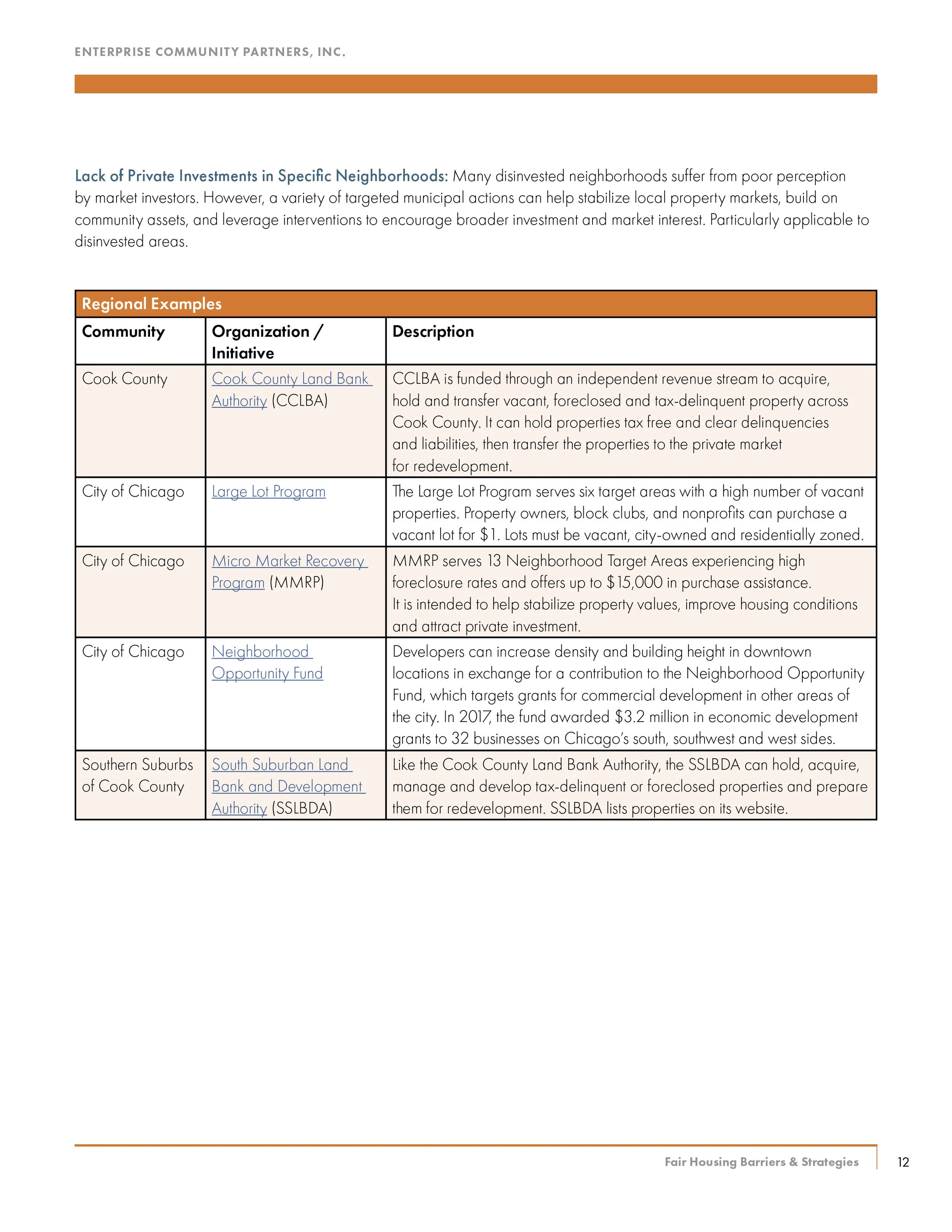 A page from a report or document discussing lack of private investments in neighborhoods, featuring a table with examples from Cook County and Chicago, including programs like the Cook County Land Bank Authority, Large Lot Program, Micro Market Recov
