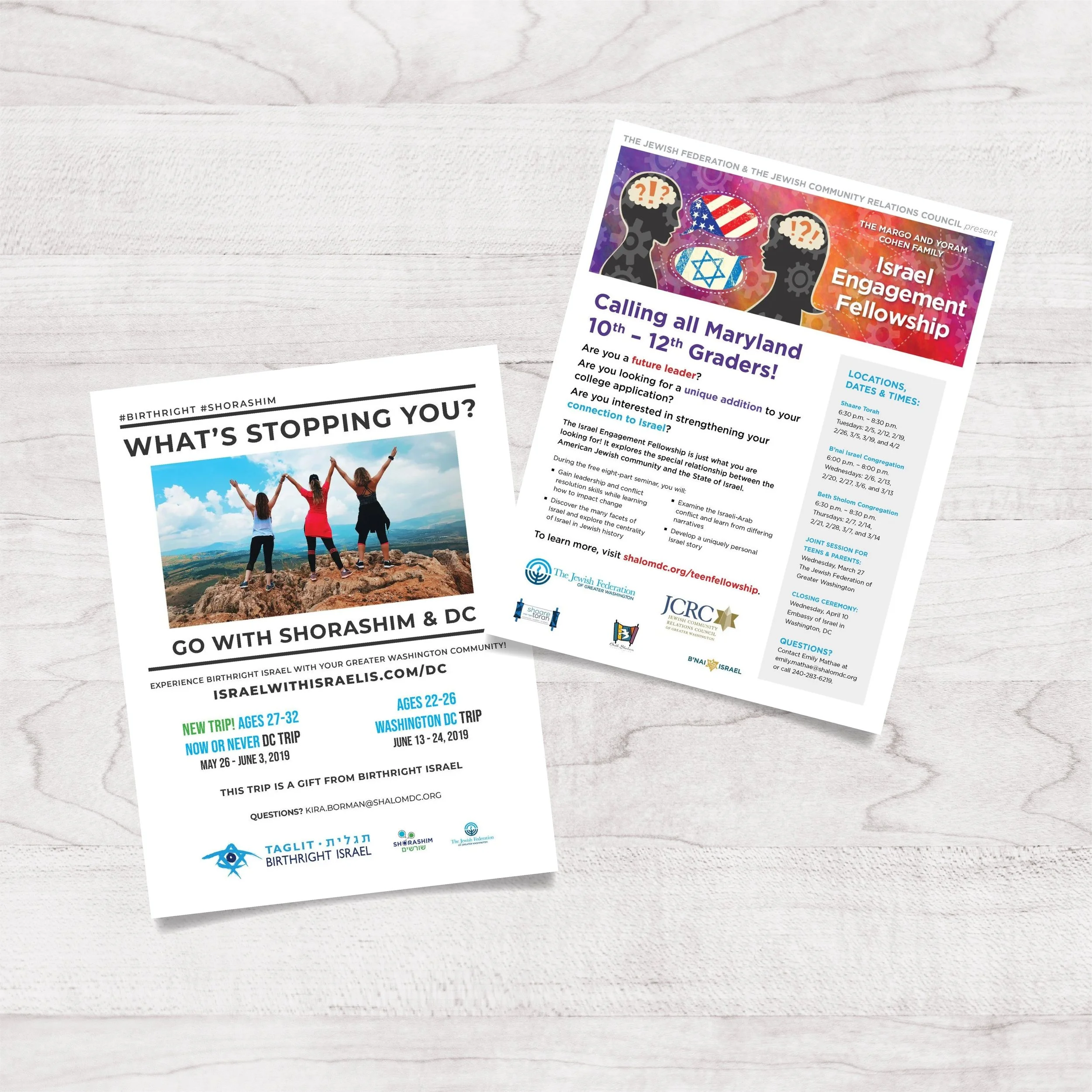 Flyers for Jewish community events and trips, one featuring three women standing on a mountaintop with arms raised, and another about a youth engagement fellowship for Maryland sixth to twelfth graders.