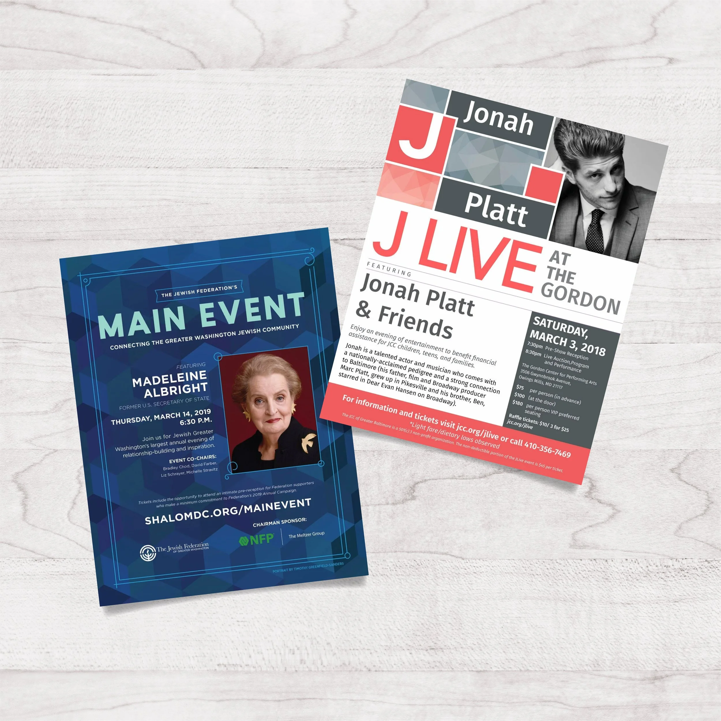 Flyers for two events: one featuring Madeleine Albright for a Jewish Federation event on March 14, 2019, at 6:30 PM, with a photo of Albright, and the other for a Jonah Platt performance at The Gordon on March 3, 2018, with a black-and-white photo of