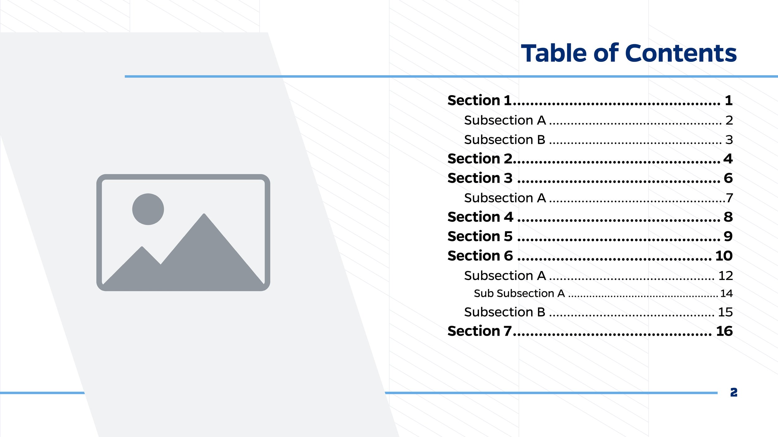 Table of contents page from a document or presentation with section and subsection listings, the title 'Table of Contents' in bold blue text, and a placeholder image of a mountain and sun graphic on the left side.